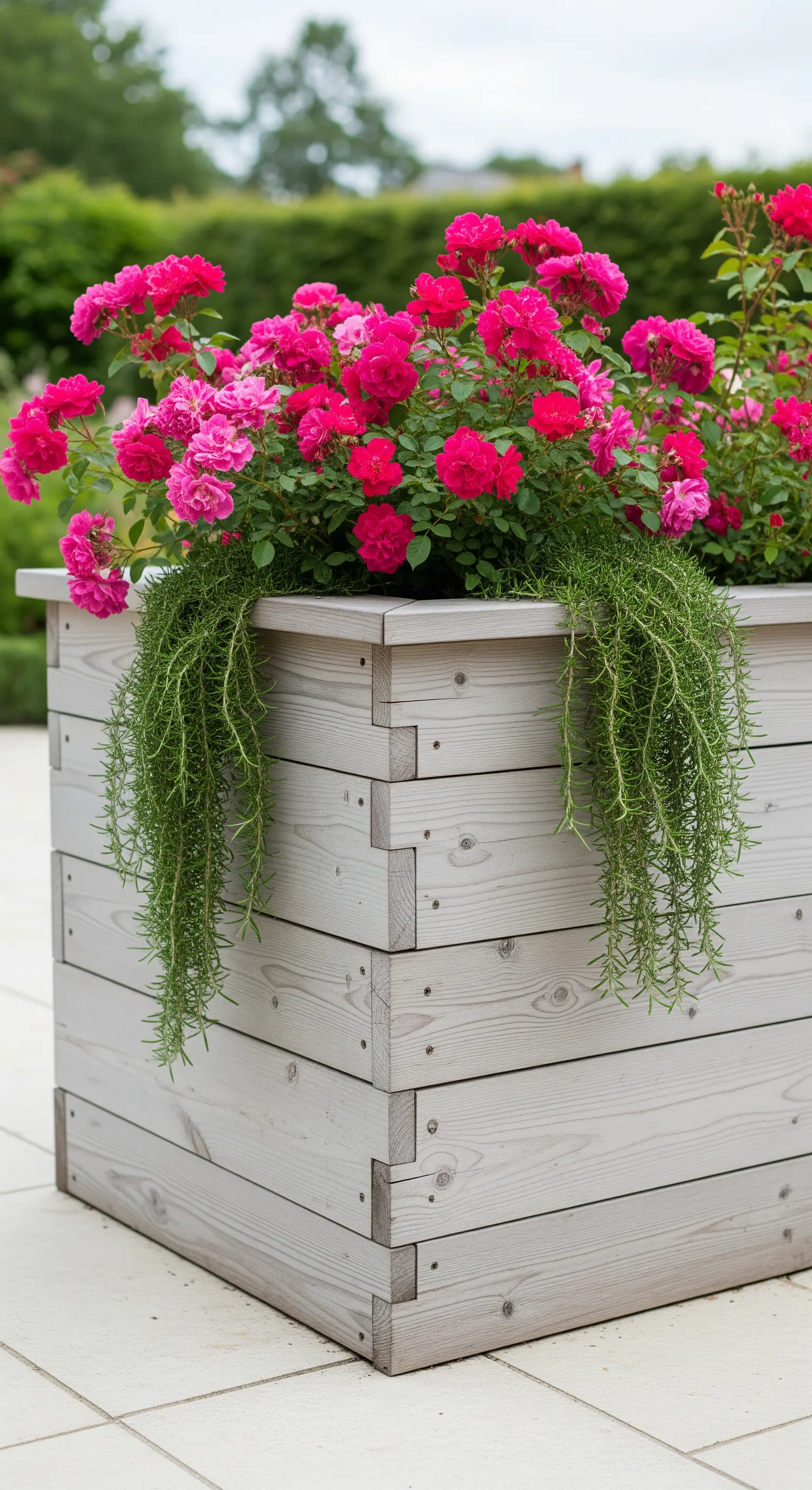 Graues Holzhochbeet, pinke Rosen, hängender Rosmarin, moderne Gartendeko.