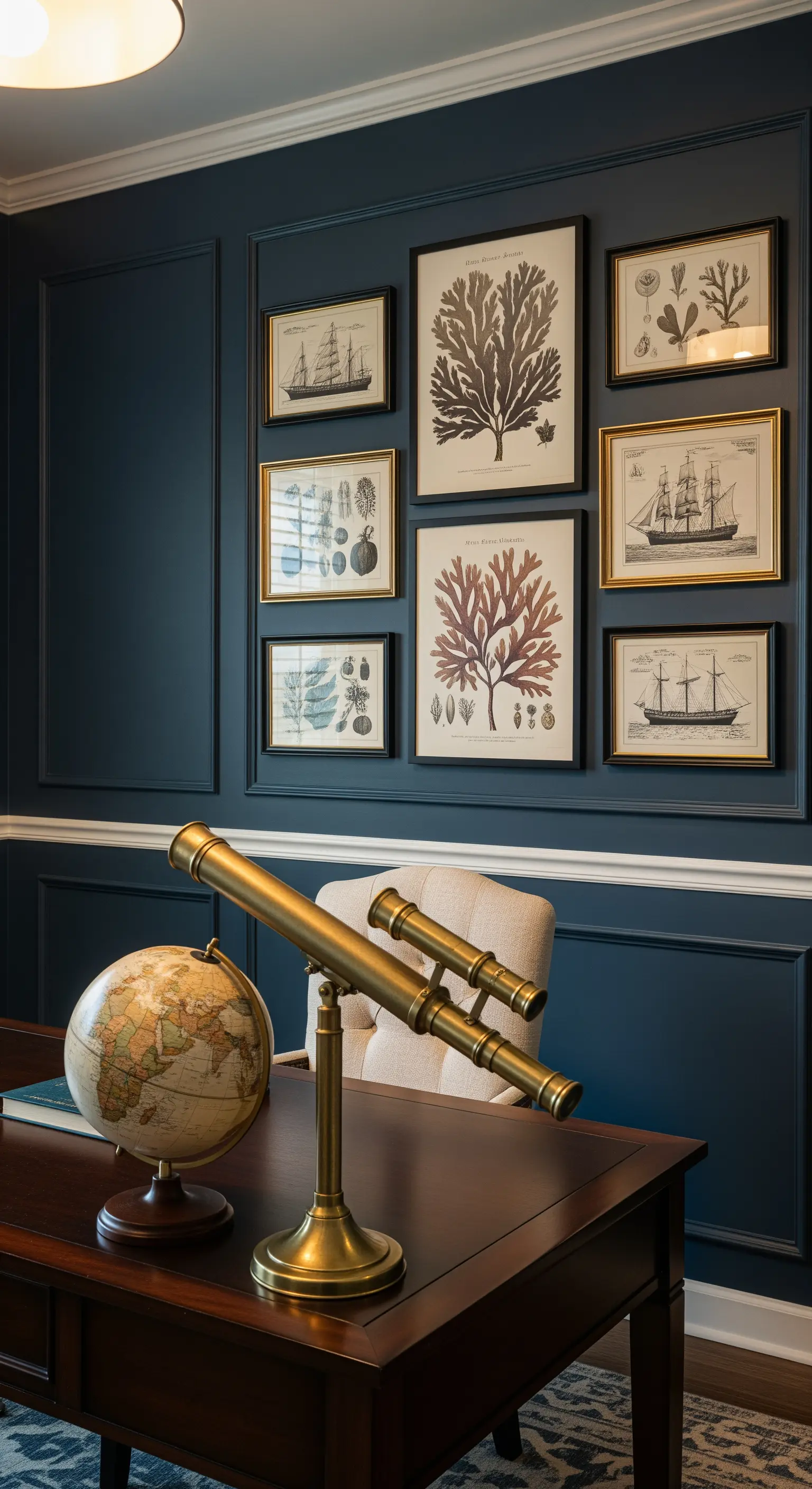 Home Office mit blauen Wandpaneelen, gerahmten Illustrationen und goldenem Teleskop