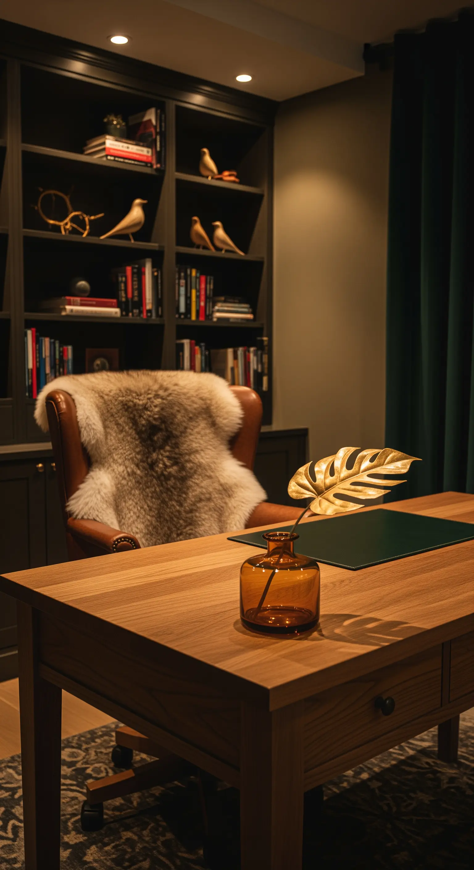 Home Office, Lederstuhl, Schaffell, goldenes Blatt, dunkle Regale