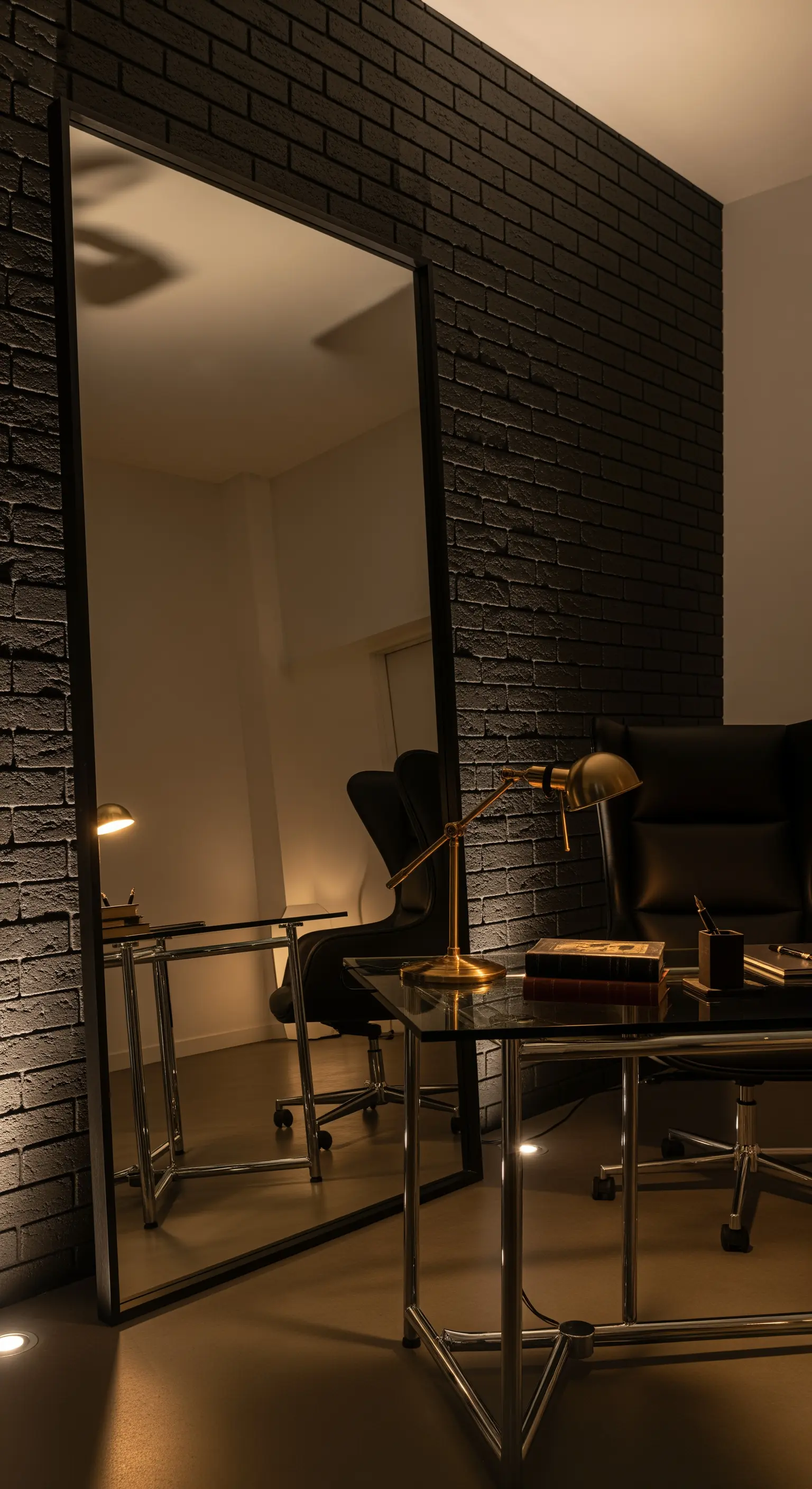 Home-Office mit raumhohem Spiegel, dunkler Ziegelwand und goldener Lampe