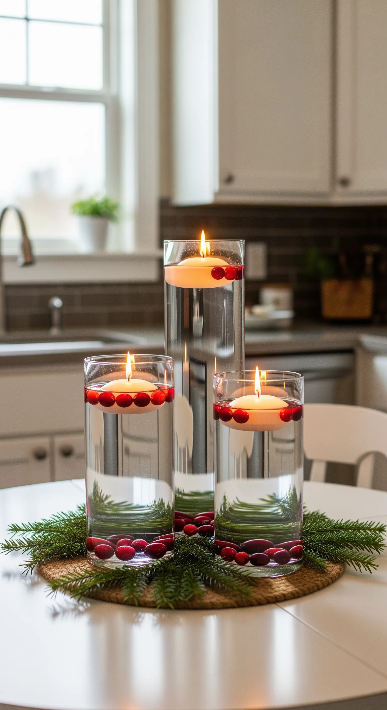 Schwebende Kerzen und Cranberries in Glasvasen auf Tannenzweigen.