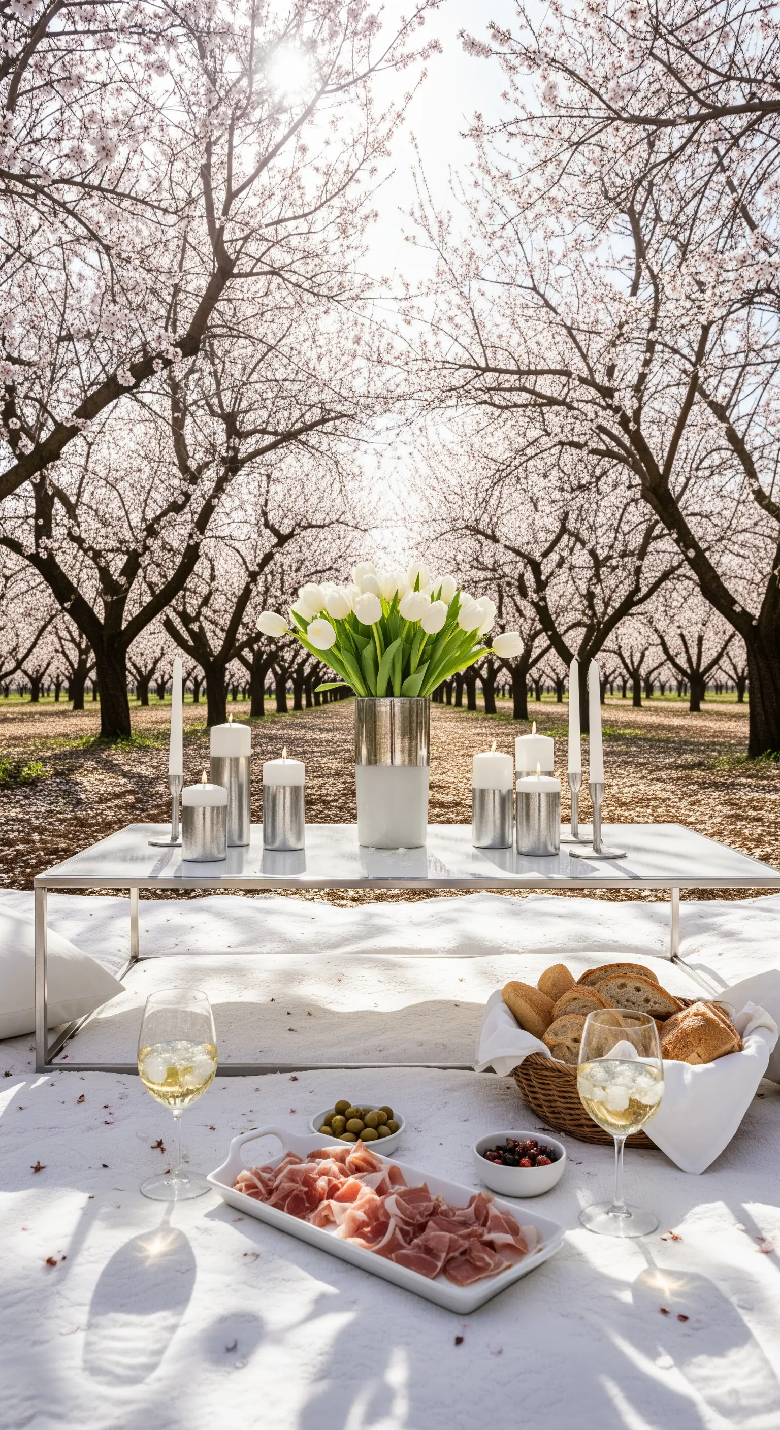 Moderner Tisch unter Kirschblüten mit weißen Tulpen, Silbervasen und Stumpenkerzen.
