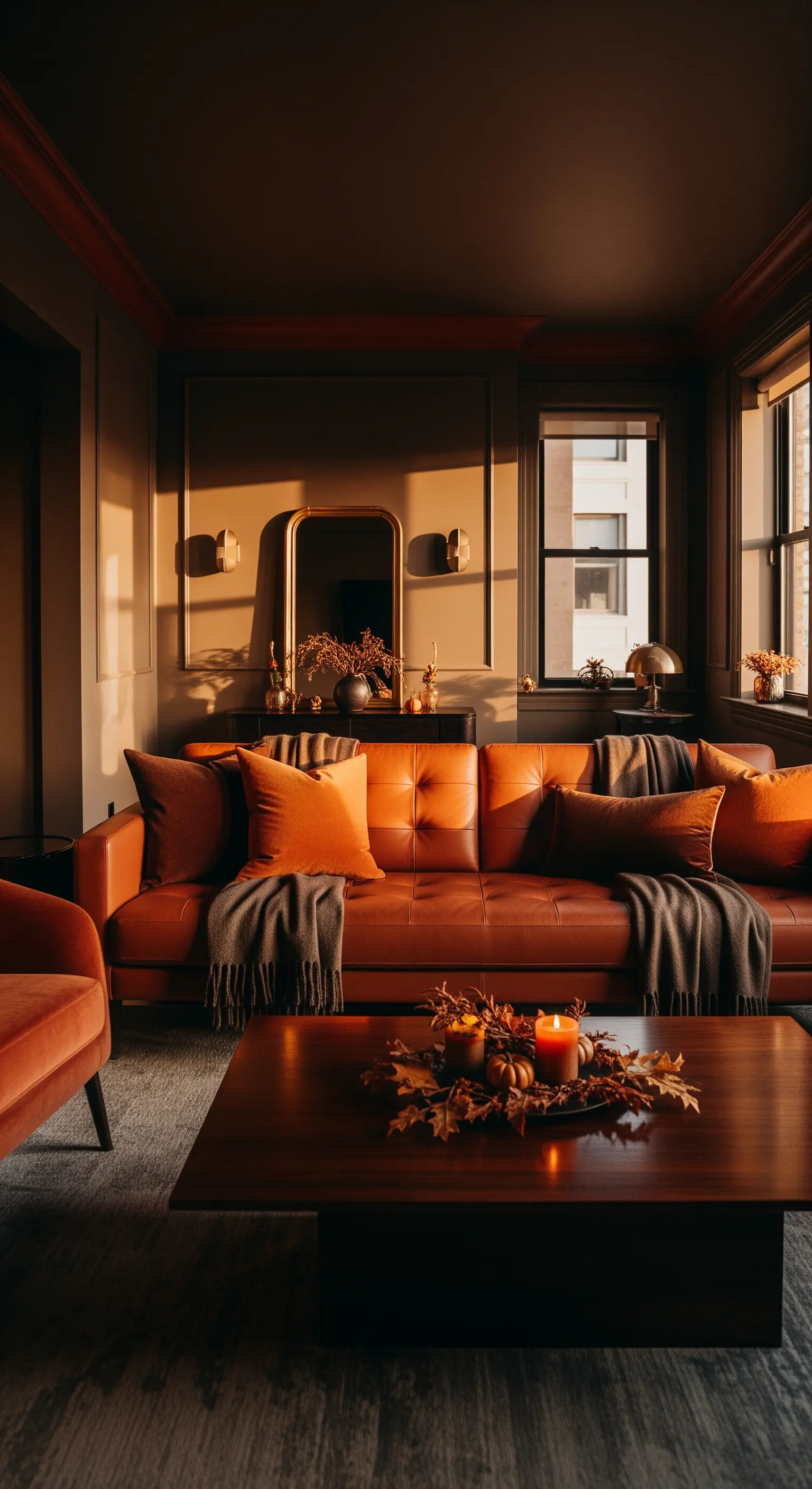 Ledersofa mit Plaids und Couchtisch mit Kürbis-Kerzen-Arrangement