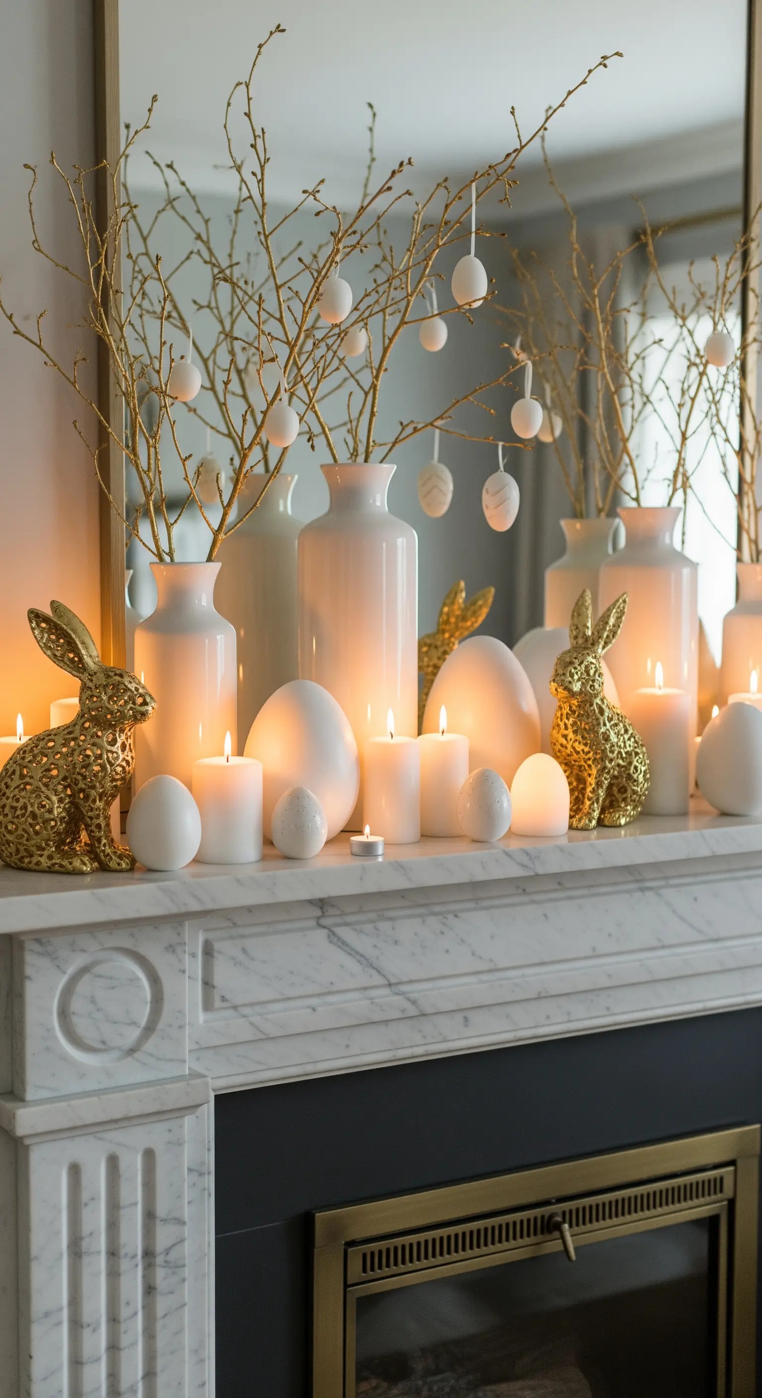 Oster-Kaminsimsdeko mit weißen Vasen, goldenen Hasen und Eiern