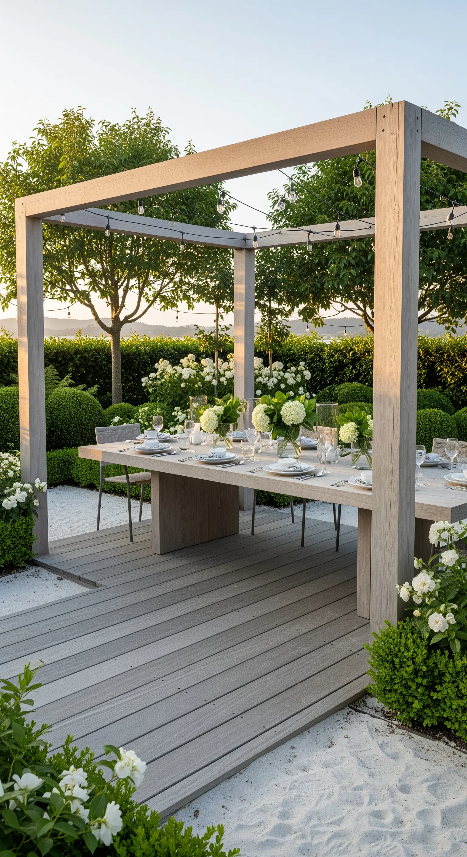 Japandi Outdoor-Esszimmer mit Holzpergola, weißen Blumen und Lichterketten