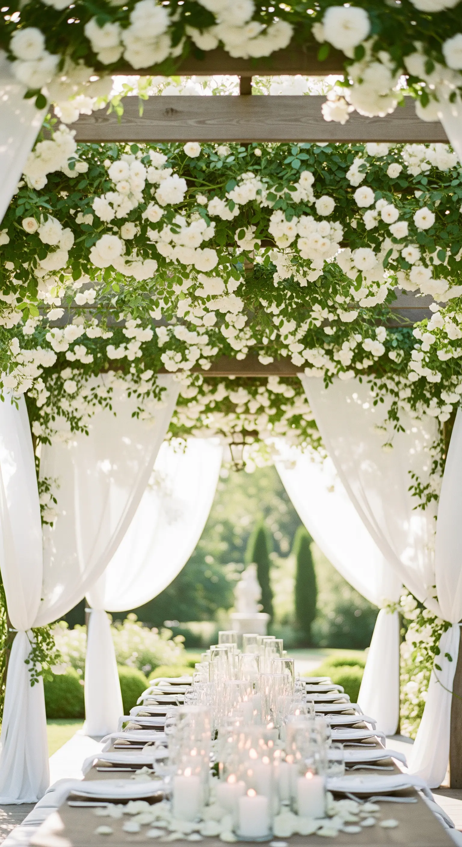 Holzpergola mit weißen Kletterrosen und weißen Vorhängen über einem festlich gedeckten Tisch mit Kerzen