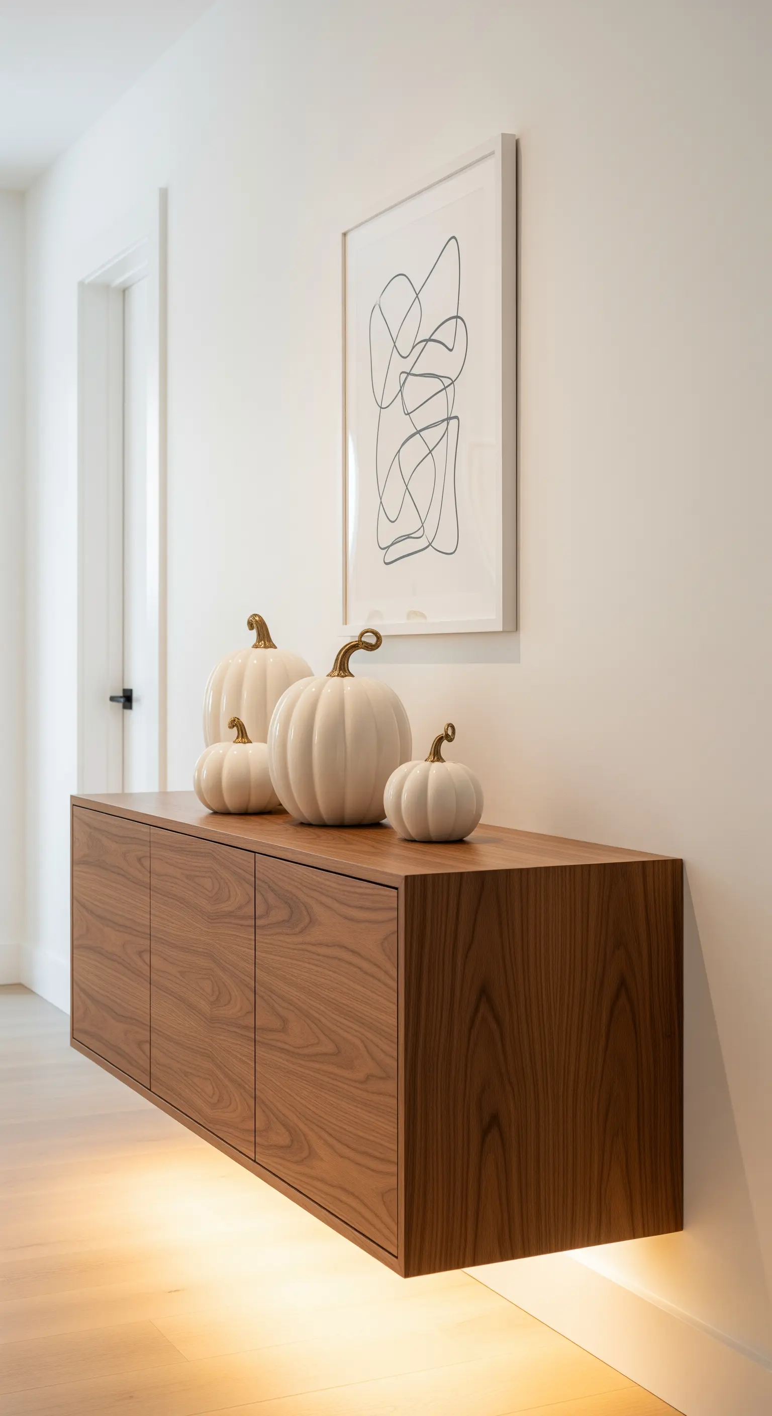 Schwebendes Sideboard mit indirekter Beleuchtung, weißen Kürbissen und Kunstwerk