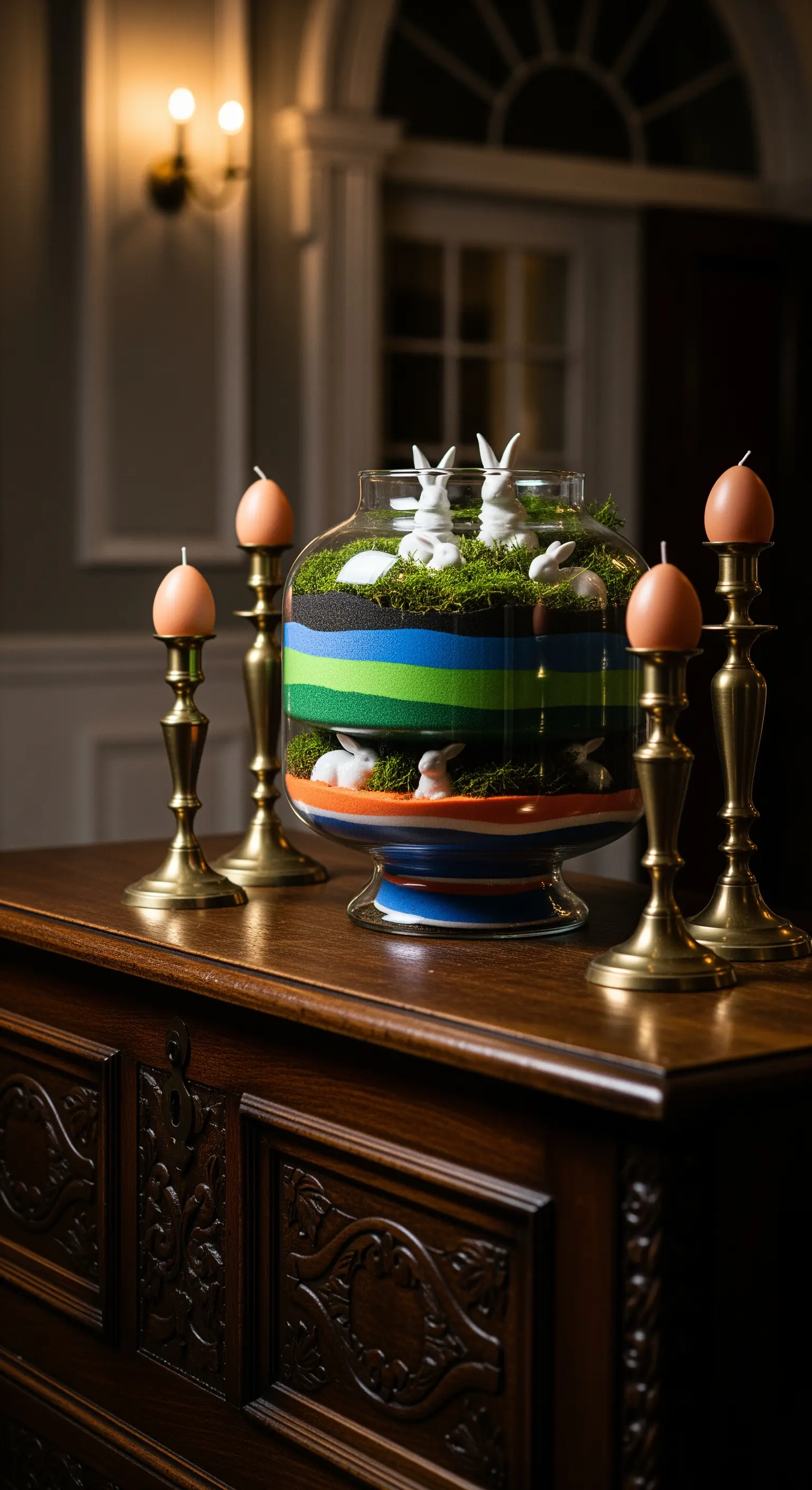 Terrarium mit bunten Sandschichten, Moos, Hasen und Kerzenleuchtern