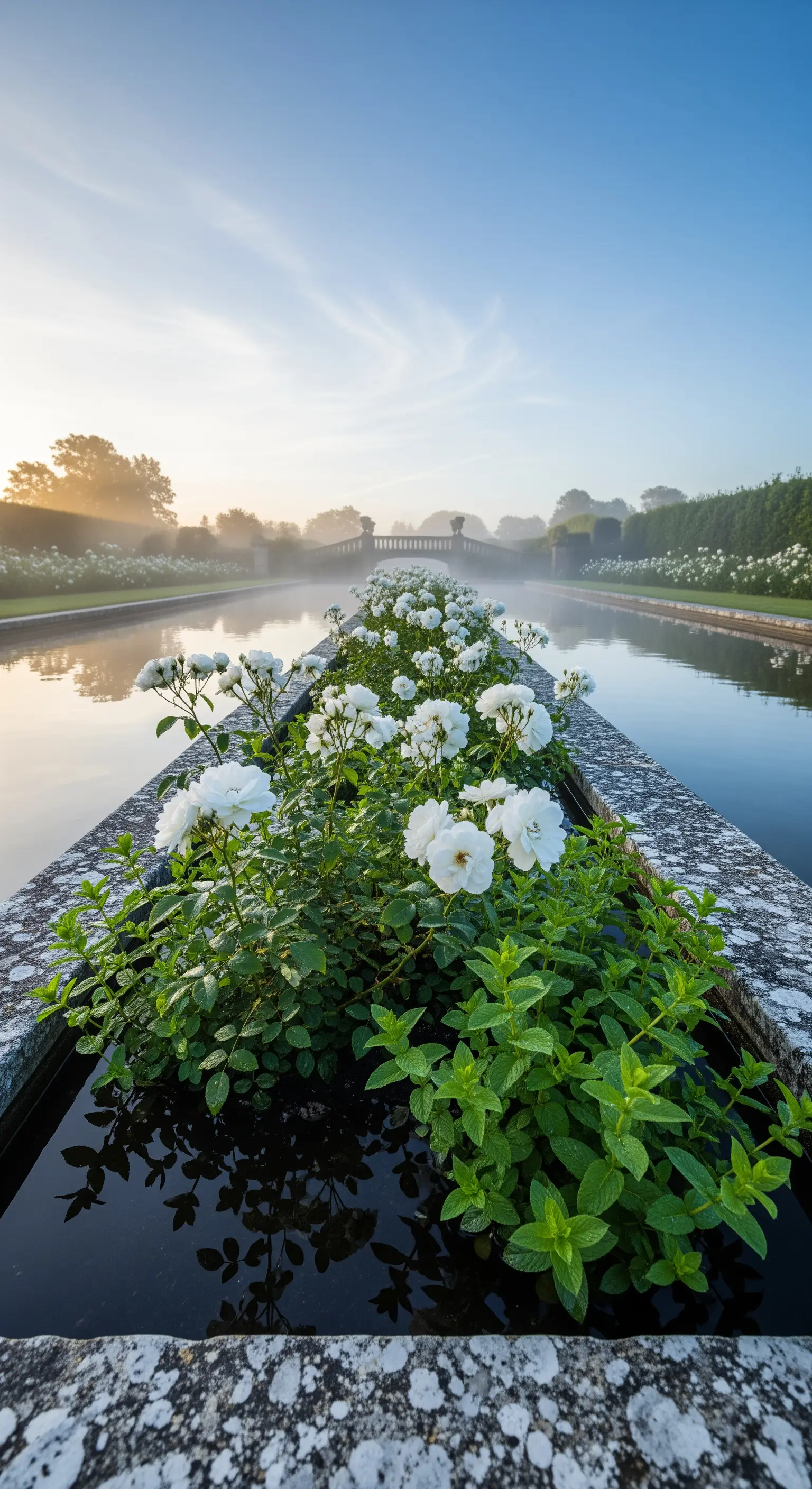 Wasserbecken, weiße Rosen, Minze, elegante Gartengestaltung.