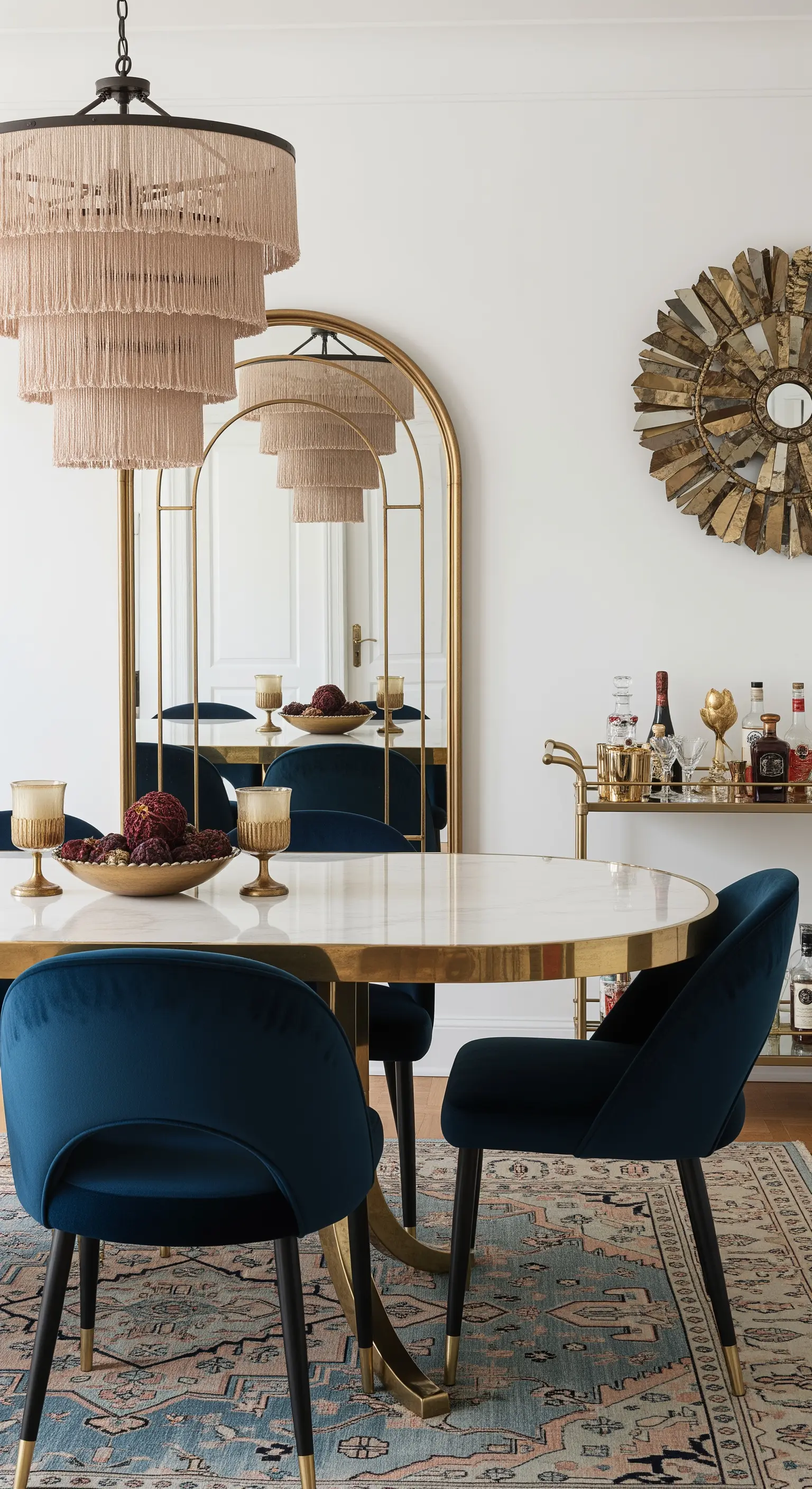 Esszimmer mit dunkelblauen Samtstühlen, Marmortisch und großem Goldspiegel.