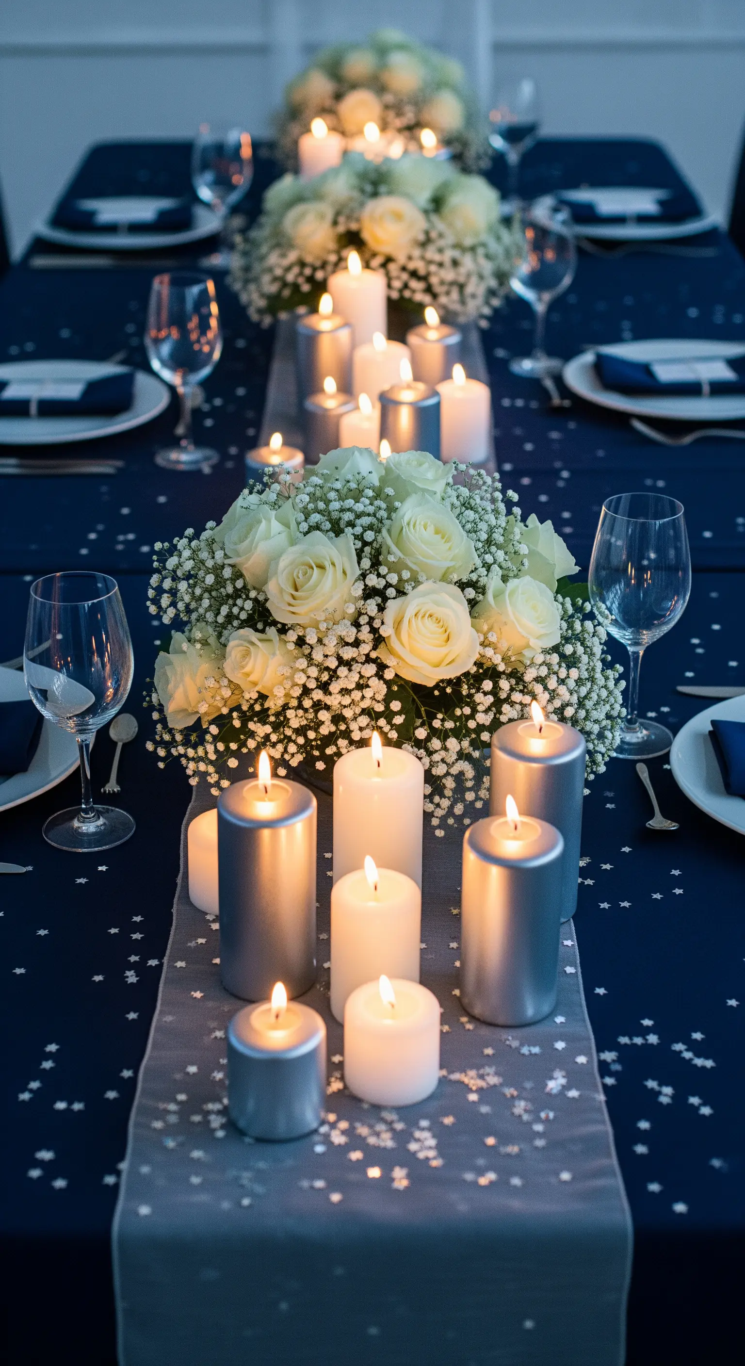 Elegante Tischdeko in Marineblau und Silber mit weißen Rosen und Schleierkraut.