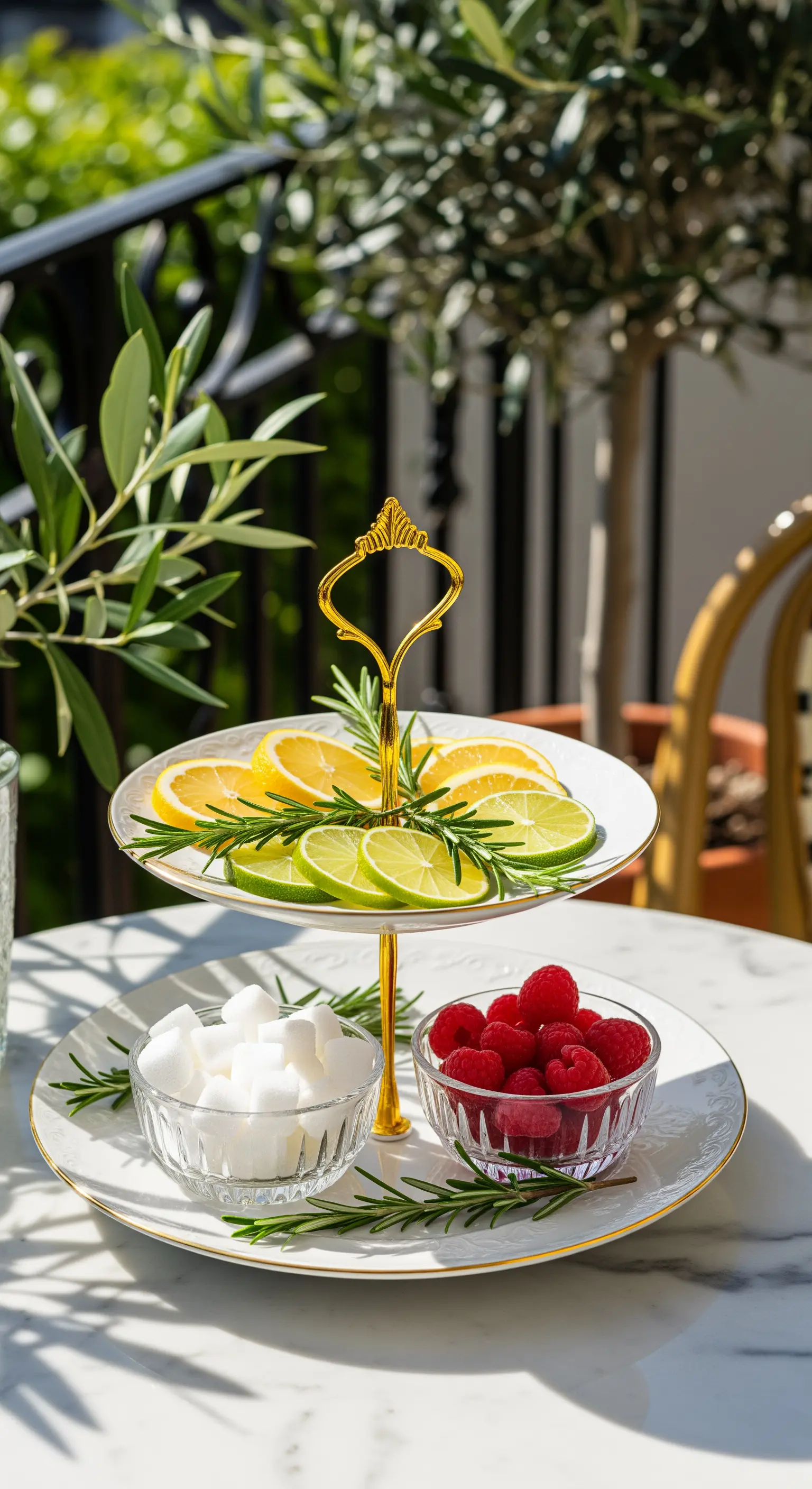 Weiße Porzellan-Etagere mit Goldgriff, dekoriert mit Zitrusfrüchten, Himbeeren und Rosmarin.