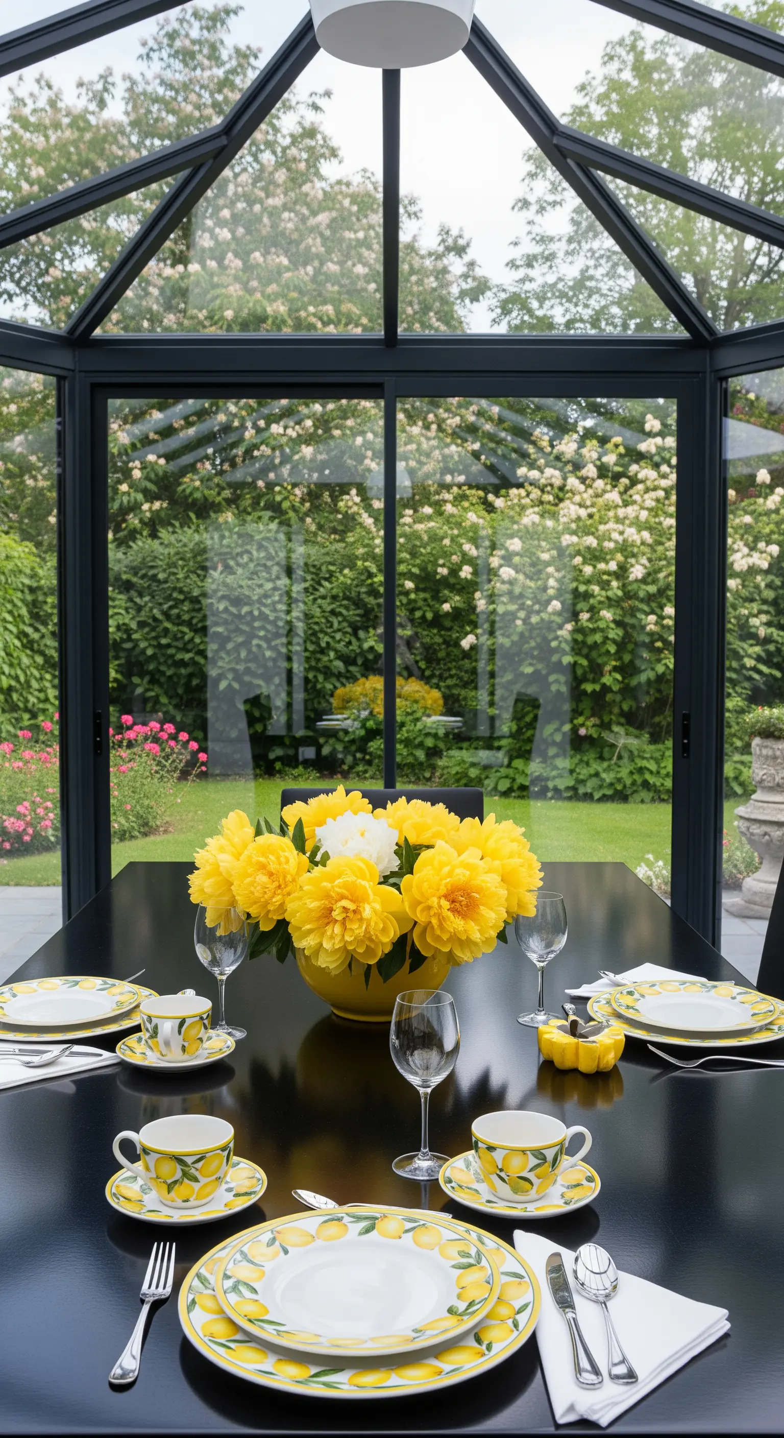 Schwarzer Esstisch im Wintergarten mit Zitronengeschirr und gelben Pfingstrosen