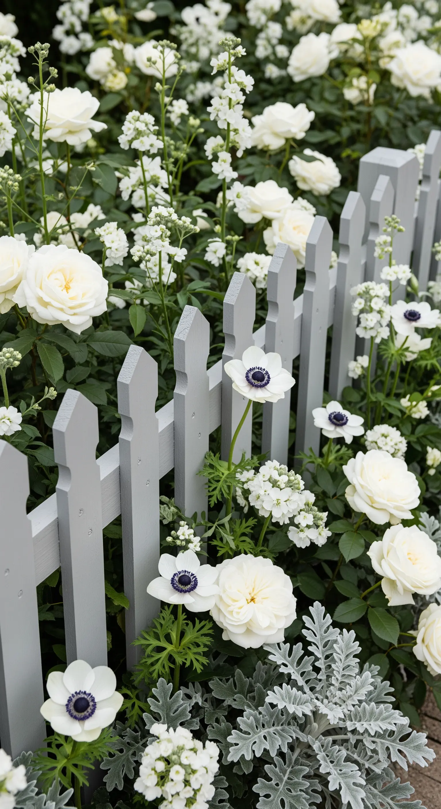 Hellgrauer Lattenzaun mit weißen Rosen, Anemonen und silbrigen Pflanzen