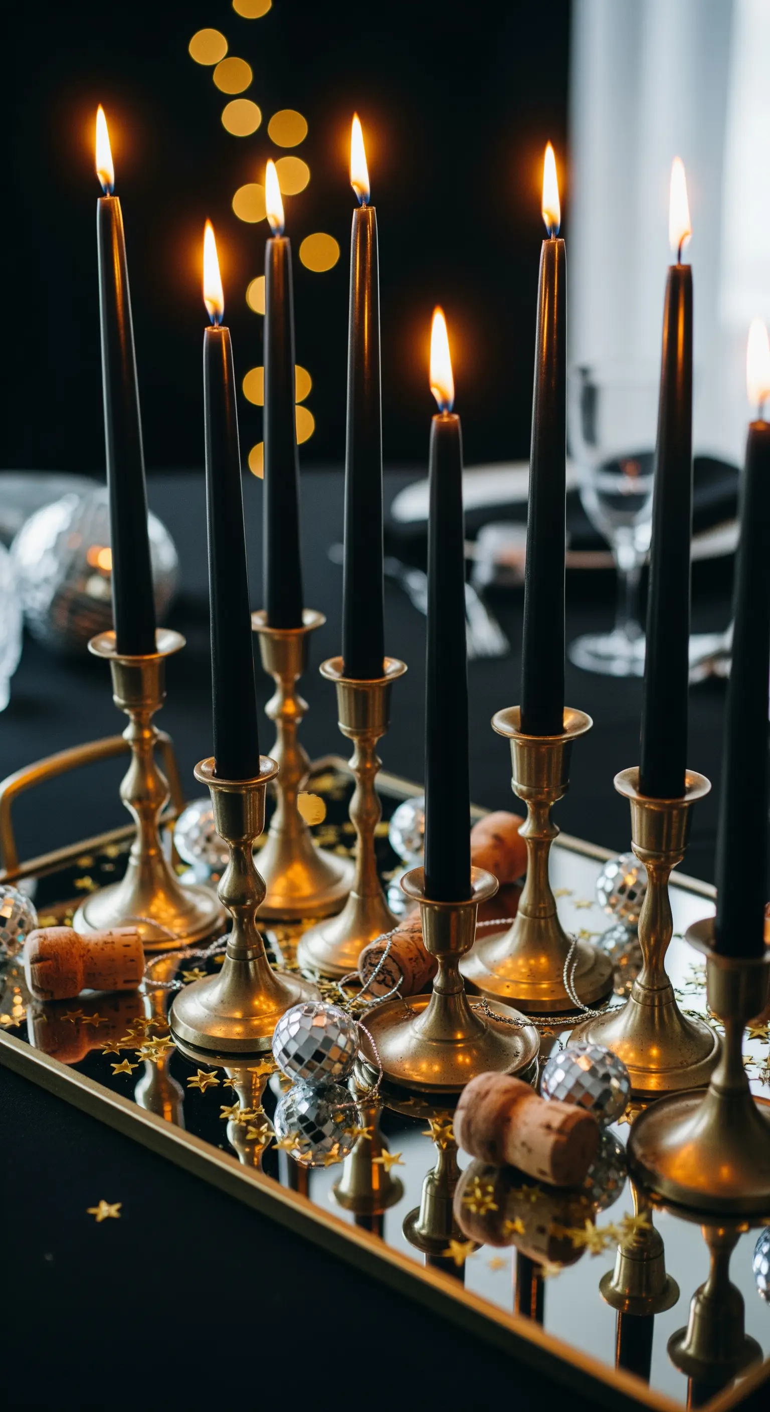 Schwarze Stabkerzen in goldenen Haltern auf einem Spiegeltablett für eine glamouröse Neujahrsdeko.