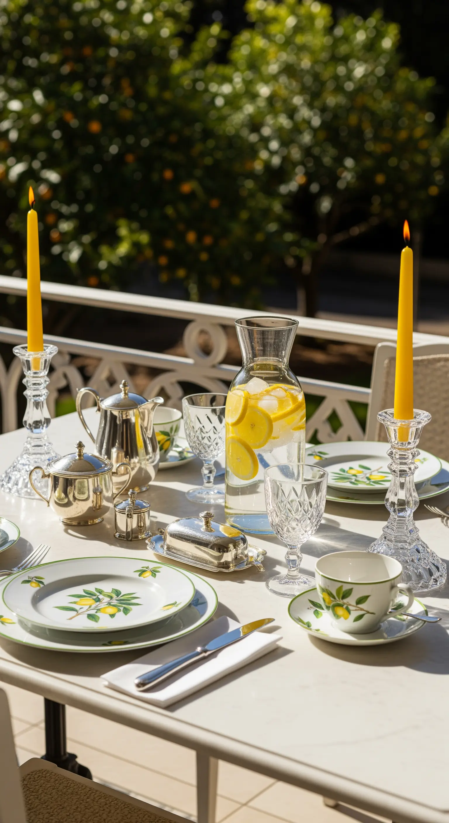 Eleganter Balkontisch mit Zitronen-Tellern, Silberbesteck und gelben Kerzen