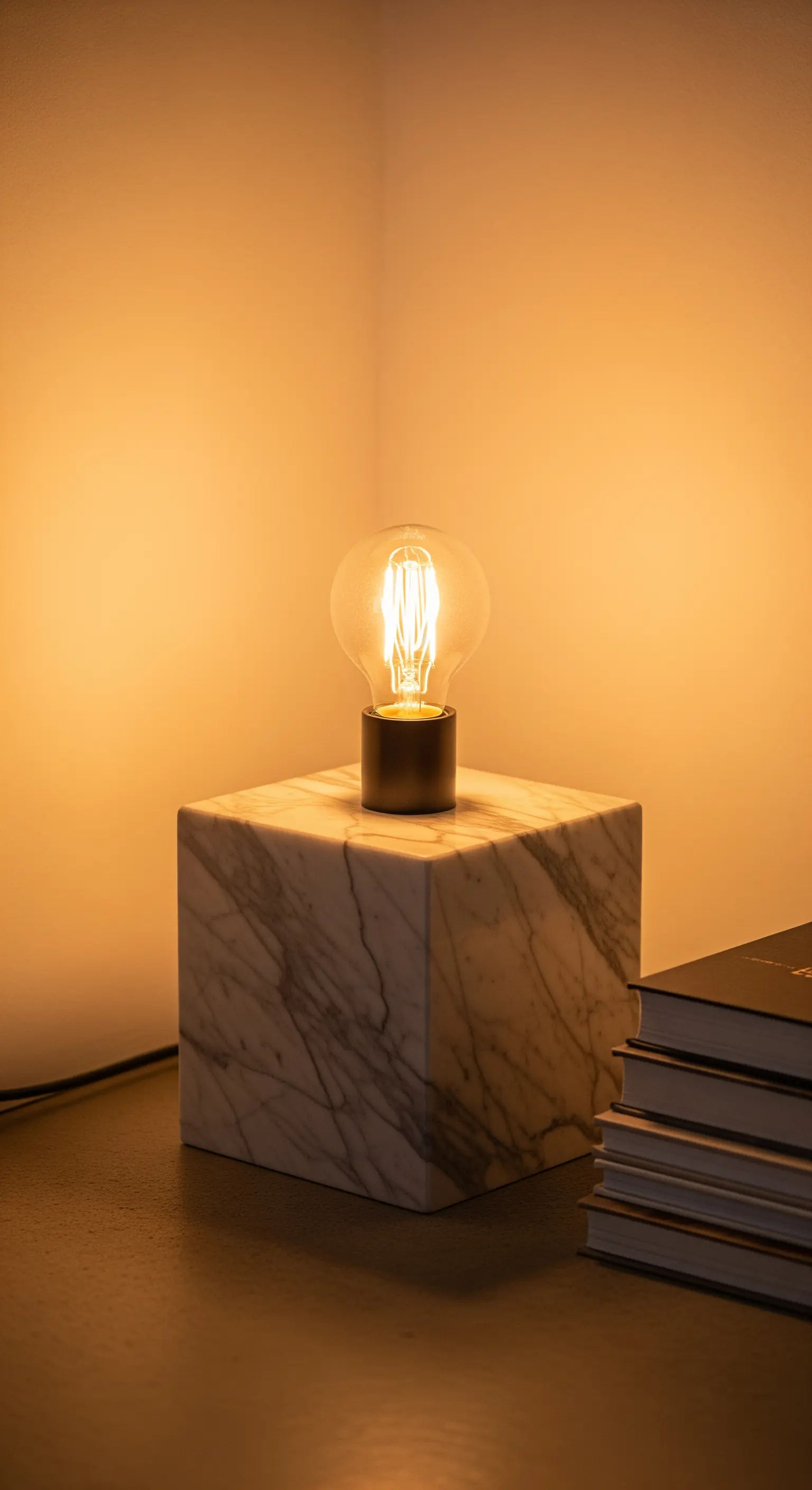 Vintage-Glühbirne auf einem würfelförmigen Sockel aus weißem Marmor.