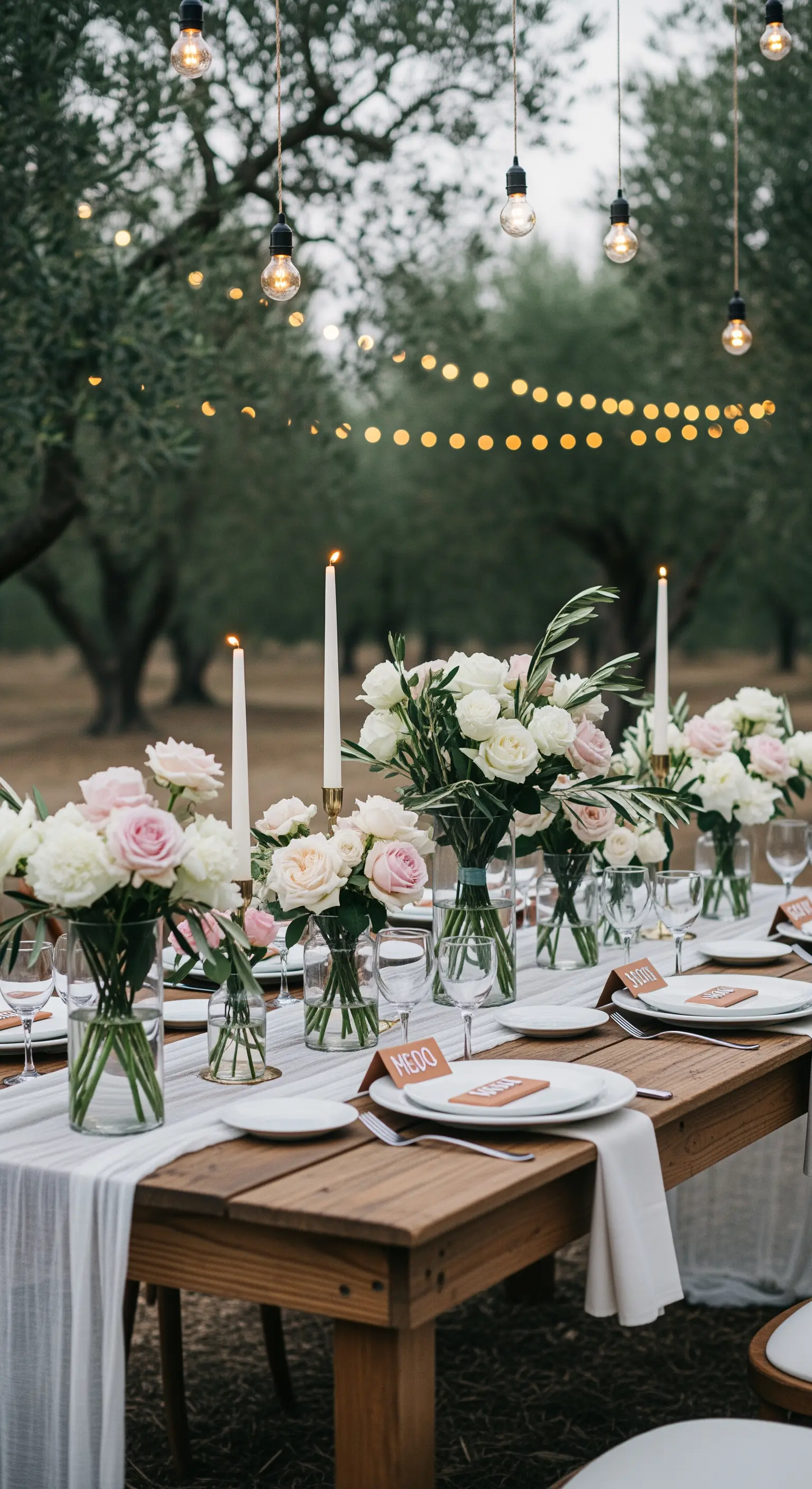Rustikale Tischdeko mit Rosen und Lichterketten für eine Gartenhochzeit.