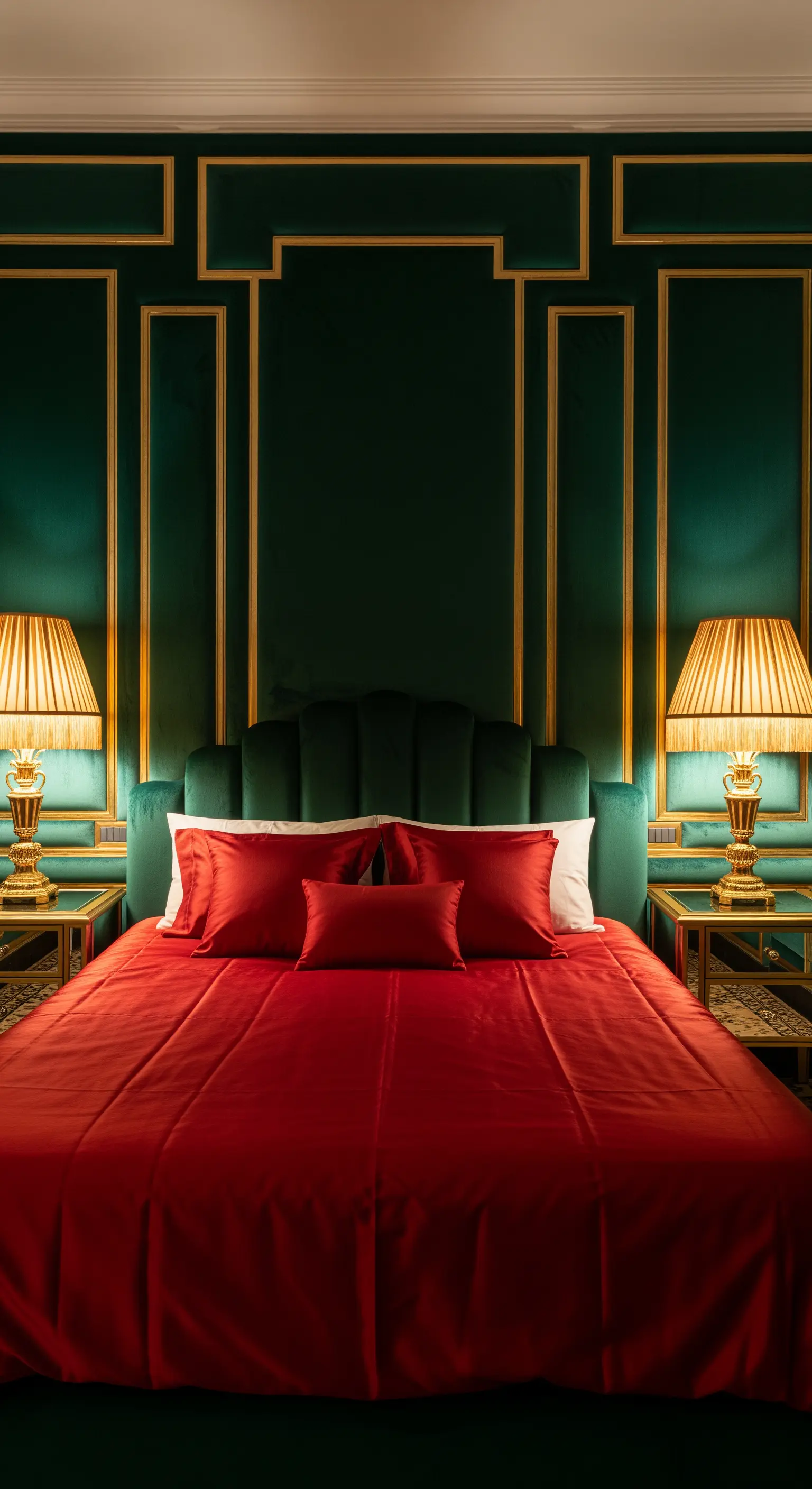 Luxuriöses Schlafzimmer in Smaragdgrün und Gold mit roter Bettwäsche