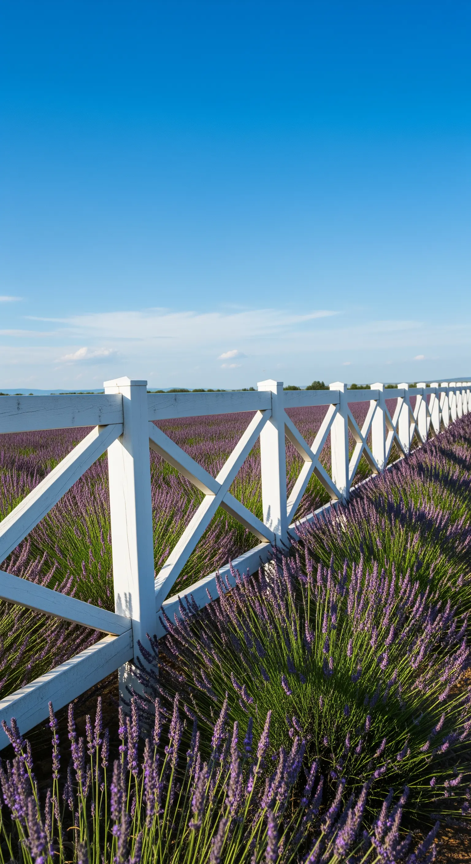 Weißer Kreuzzaun vor einem weiten Lavendelfeld