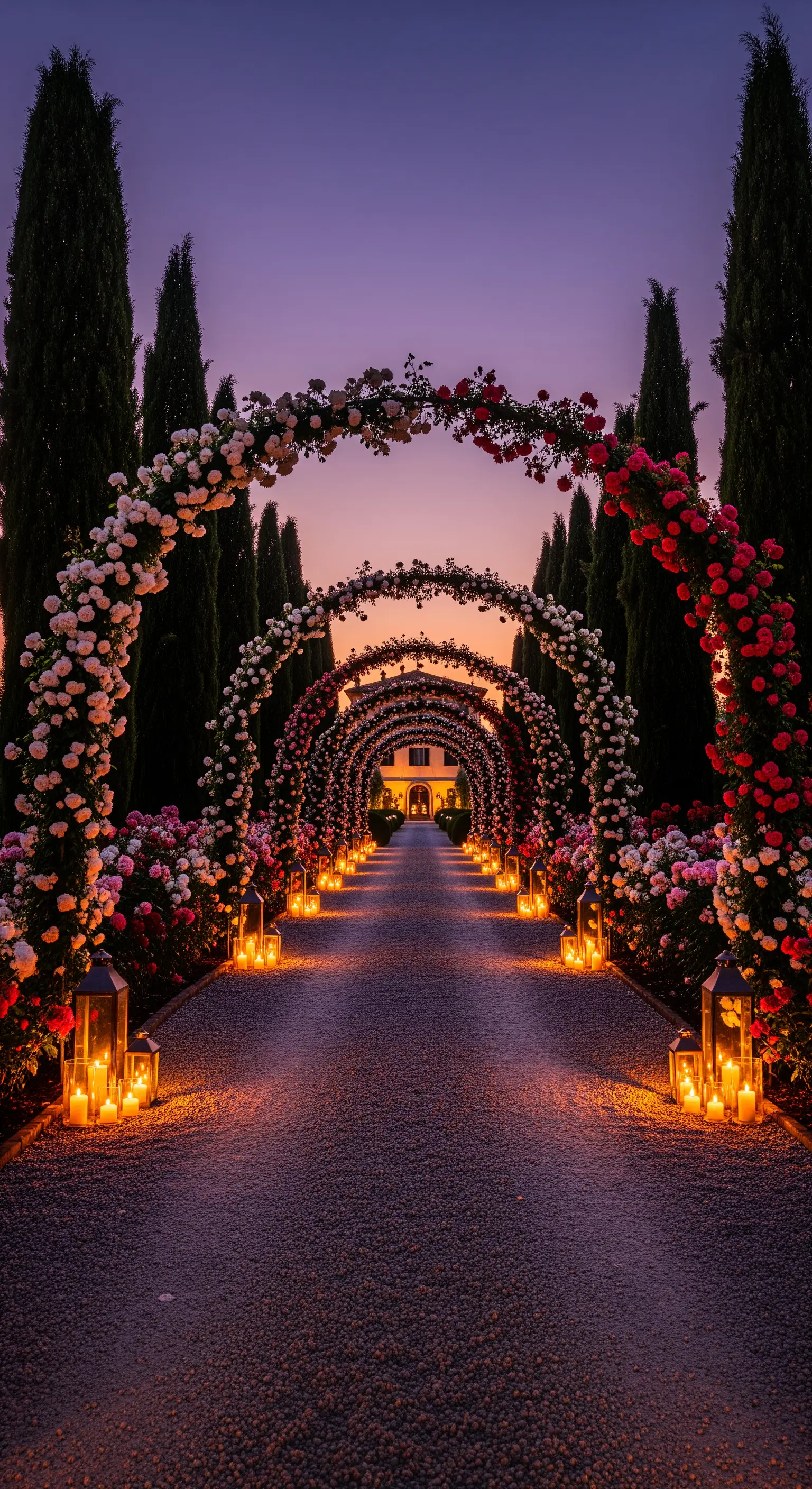 Lange Rosenbogen-Allee mit roten, rosa und weißen Rosen und Laternen bei Sonnenuntergang
