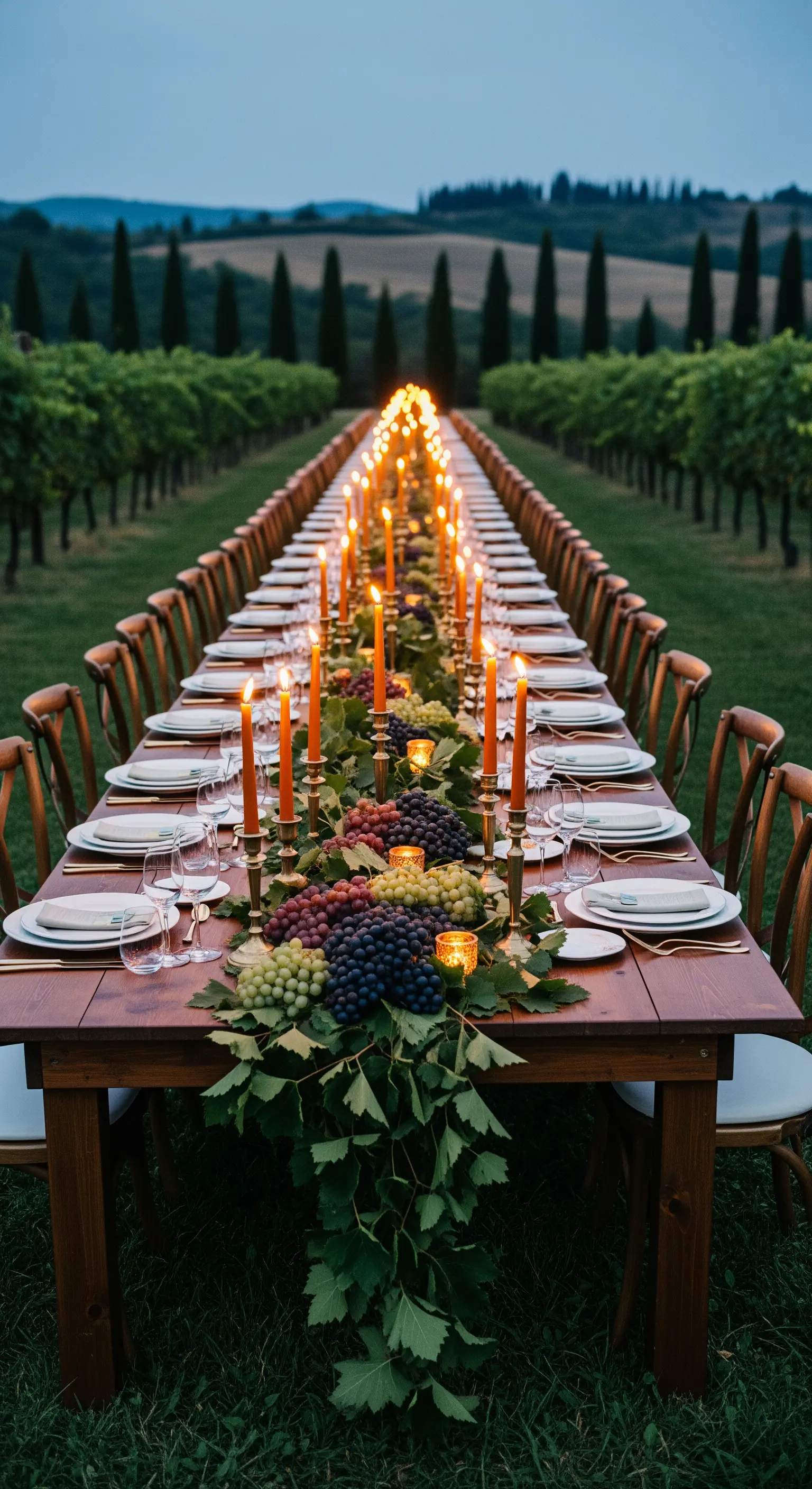 Lange Tafel im Weinberg mit üppiger Trauben- und Kerzendeko
