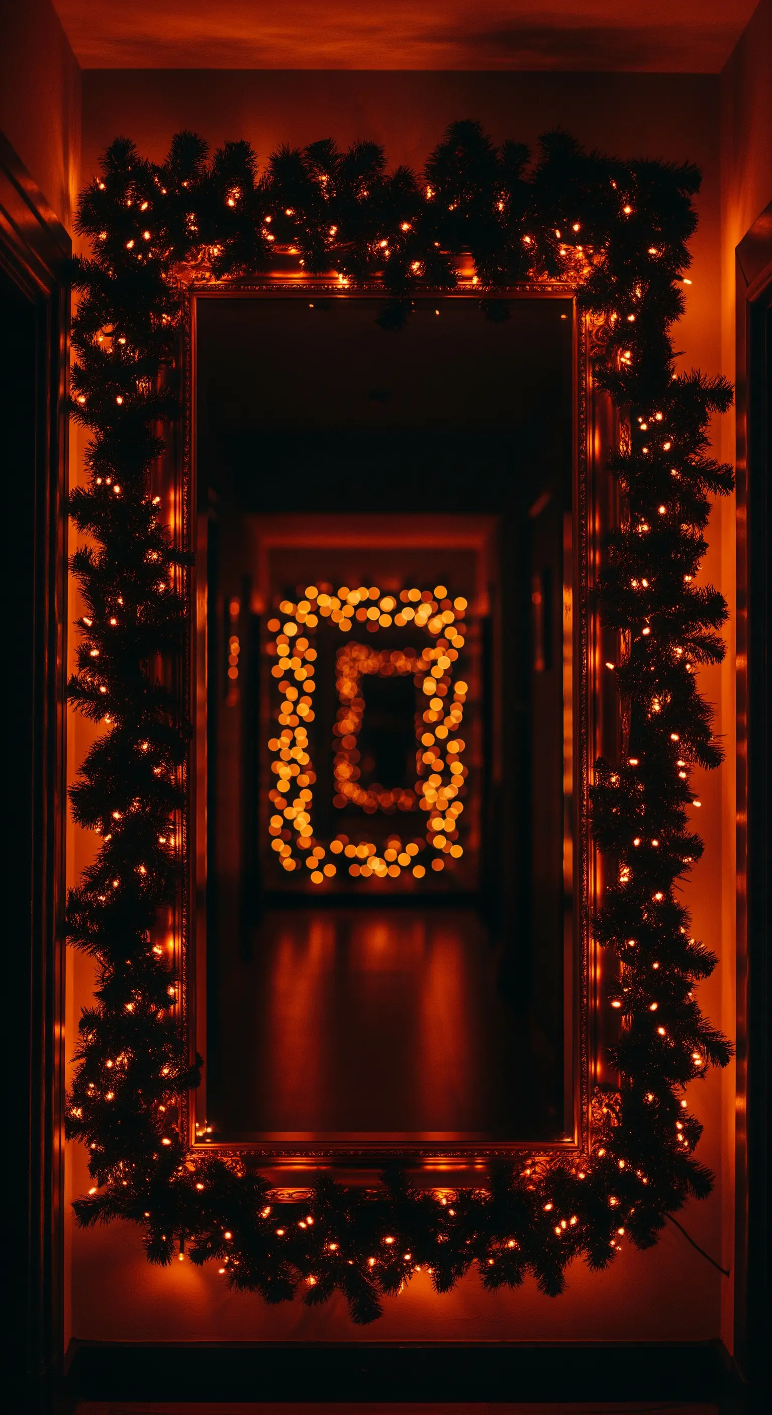 Halloween Flur-Deko mit beleuchtetem Spiegel und Lichterketten, die Tiefe erzeugen