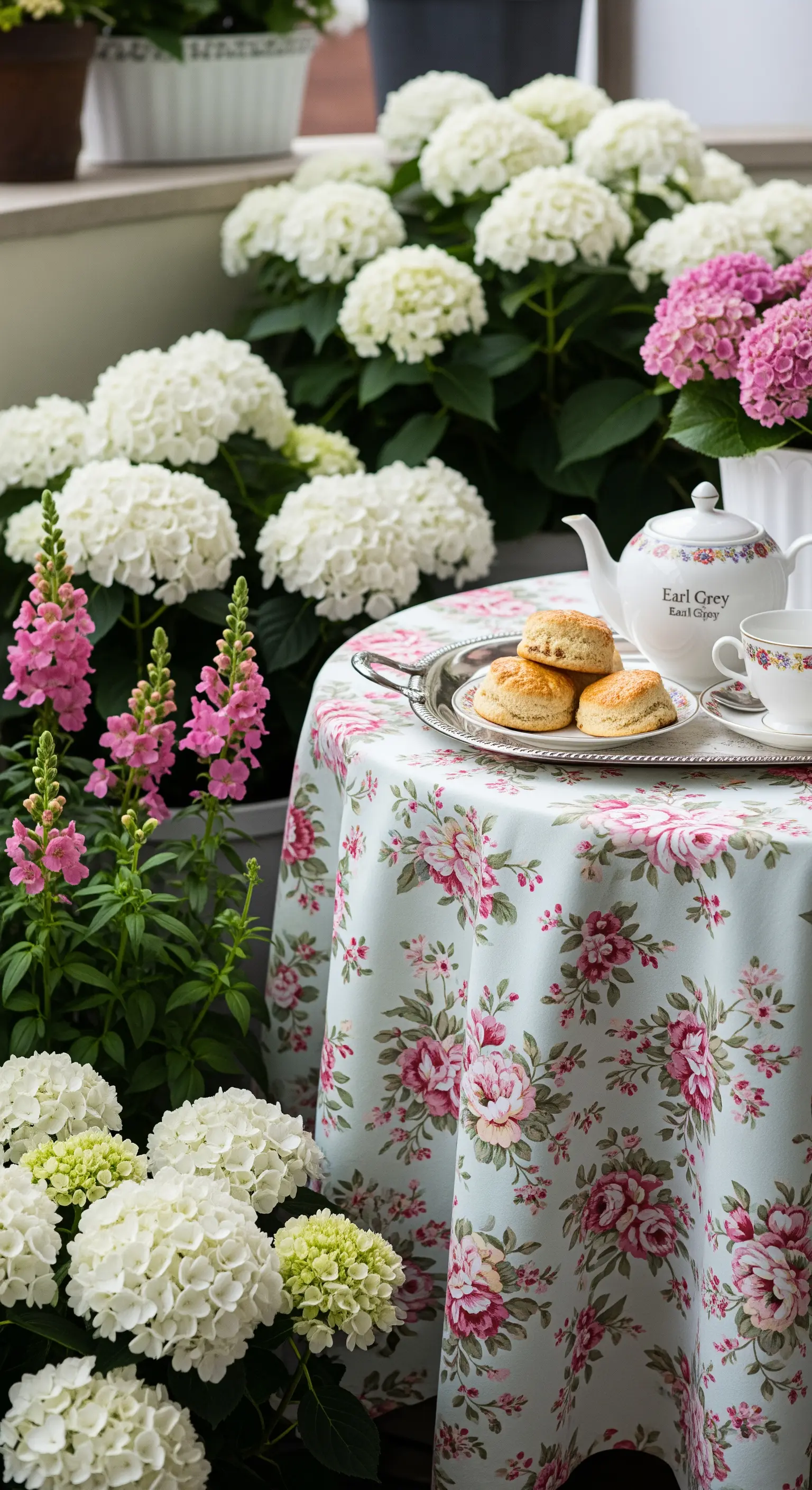 Balkon mit Teestunde, floralem Tischtuch, Hortensien und Fingerhüten