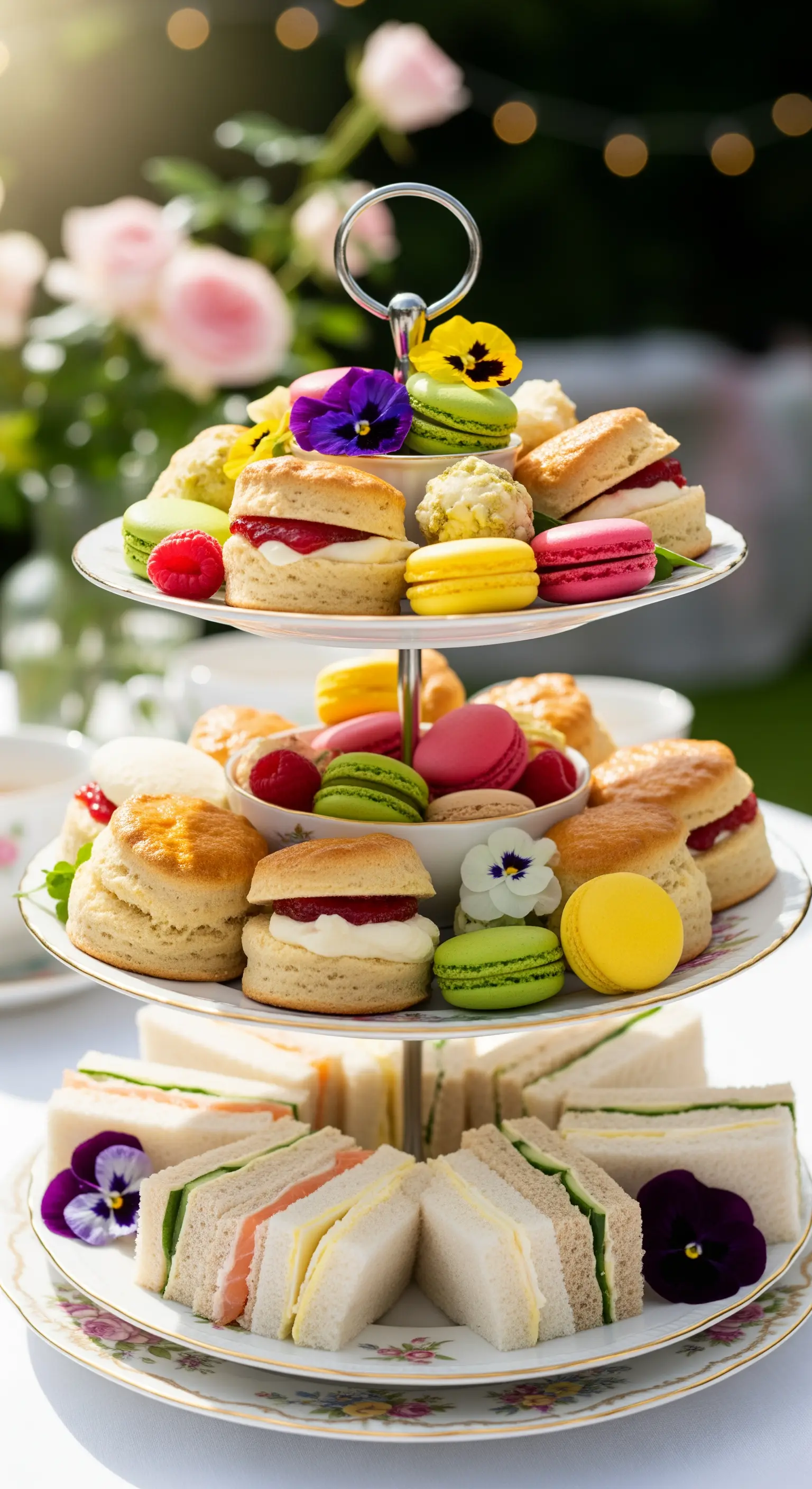 Klassische Etagere mit Sandwiches, Scones und Macarons für eine Afternoon Tea Party.