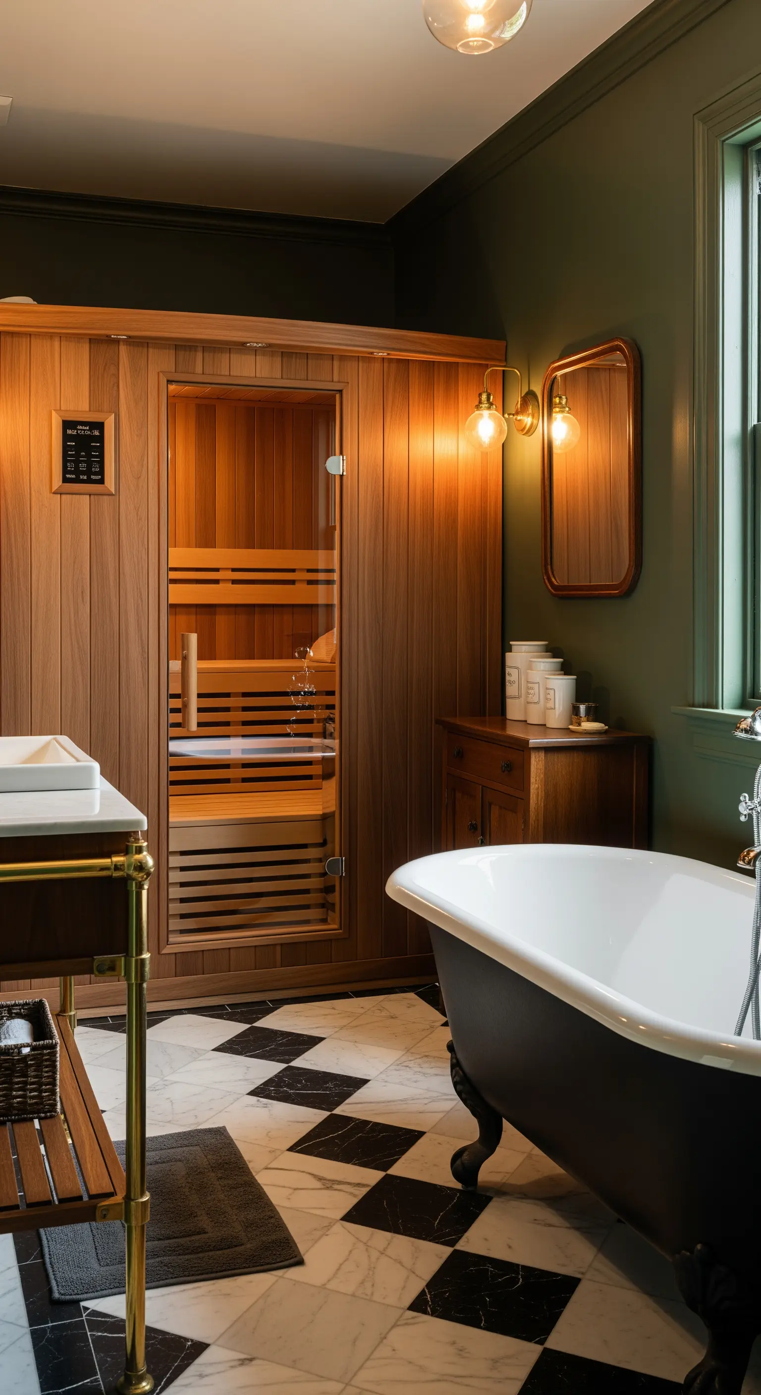 Klassisches Badezimmer in Grün mit Schachbrettboden und Holzsauna.