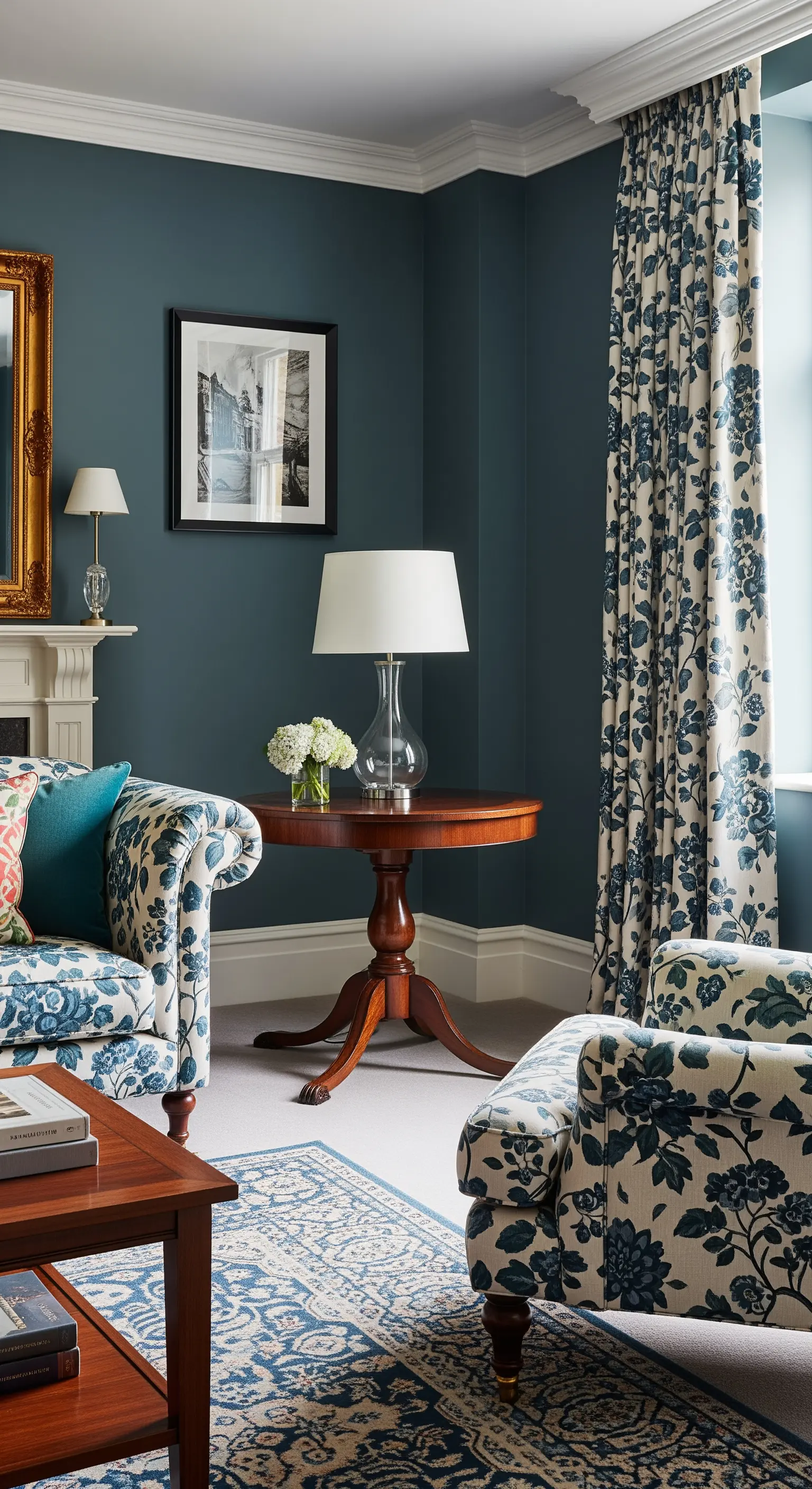 Englisches Wohnzimmer mit blau-weißen floralen Mustern auf Sesseln und Vorhängen.