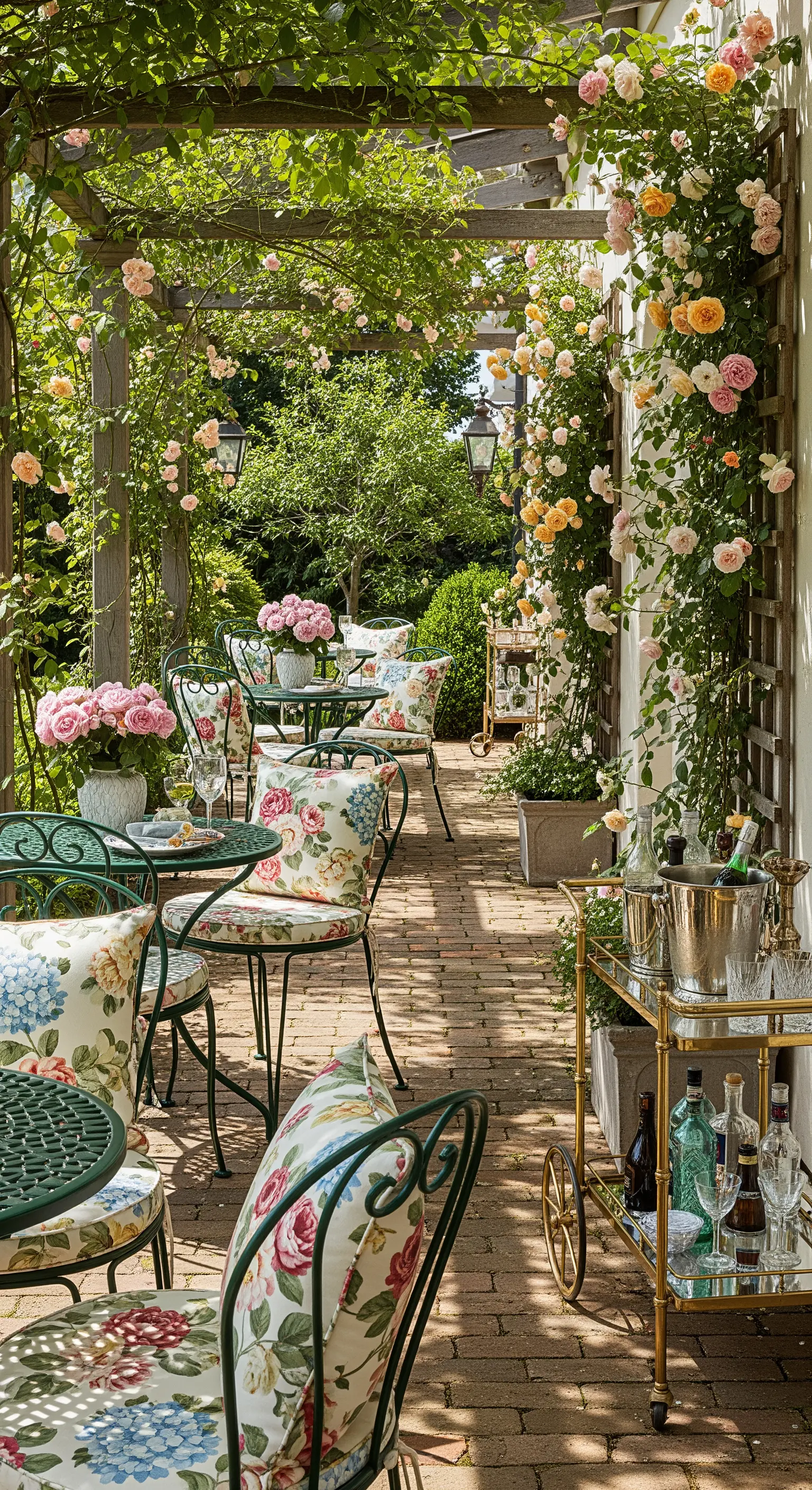 Romantische Terrasse mit Rosenpergola, schmiedeeisernen Möbeln und floralen Kissen