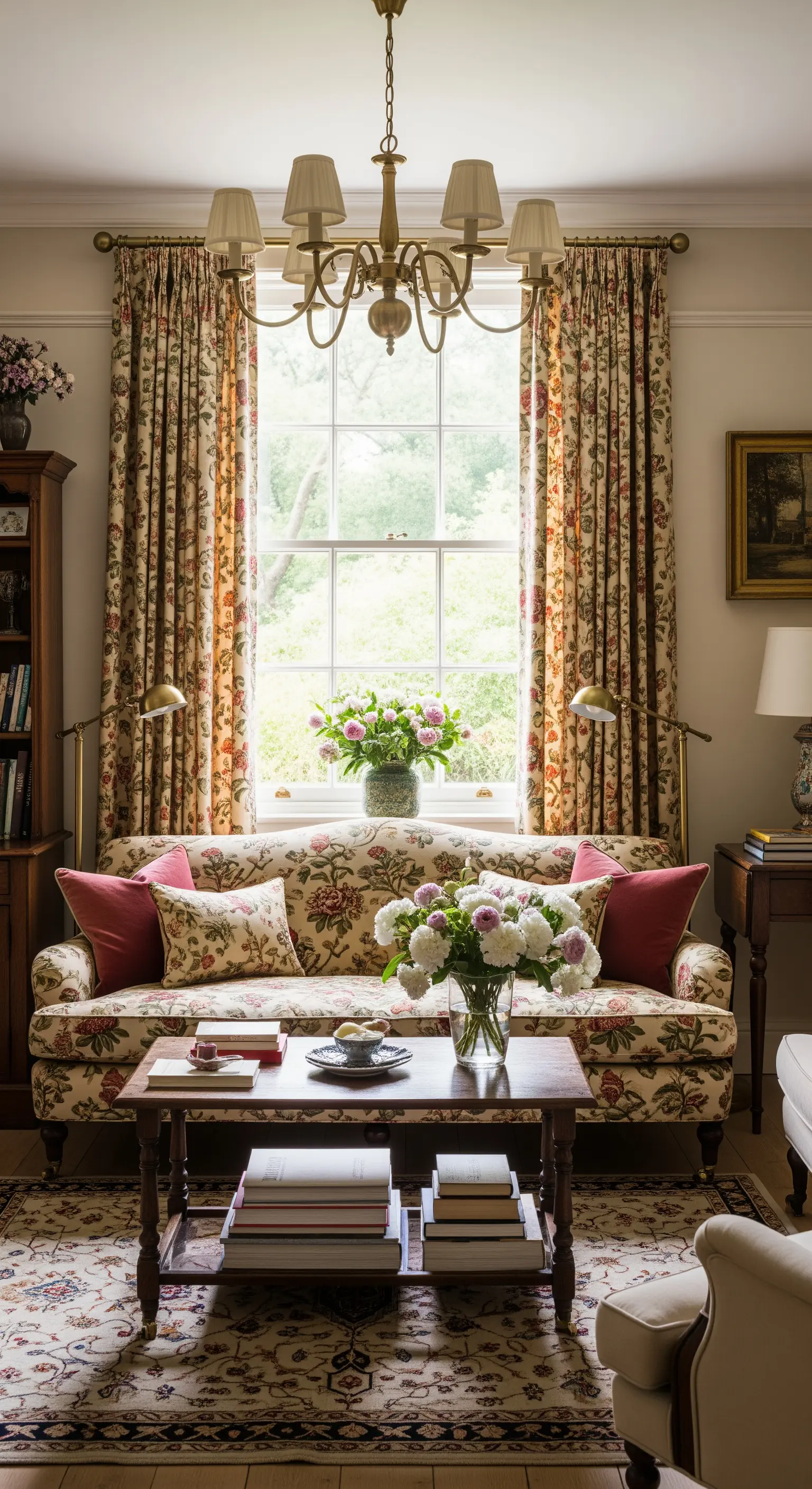 Geblümtes Sofa vor einem grossen Fenster in einem gemütlichen englischen Landhaus-Wohnzimmer.
