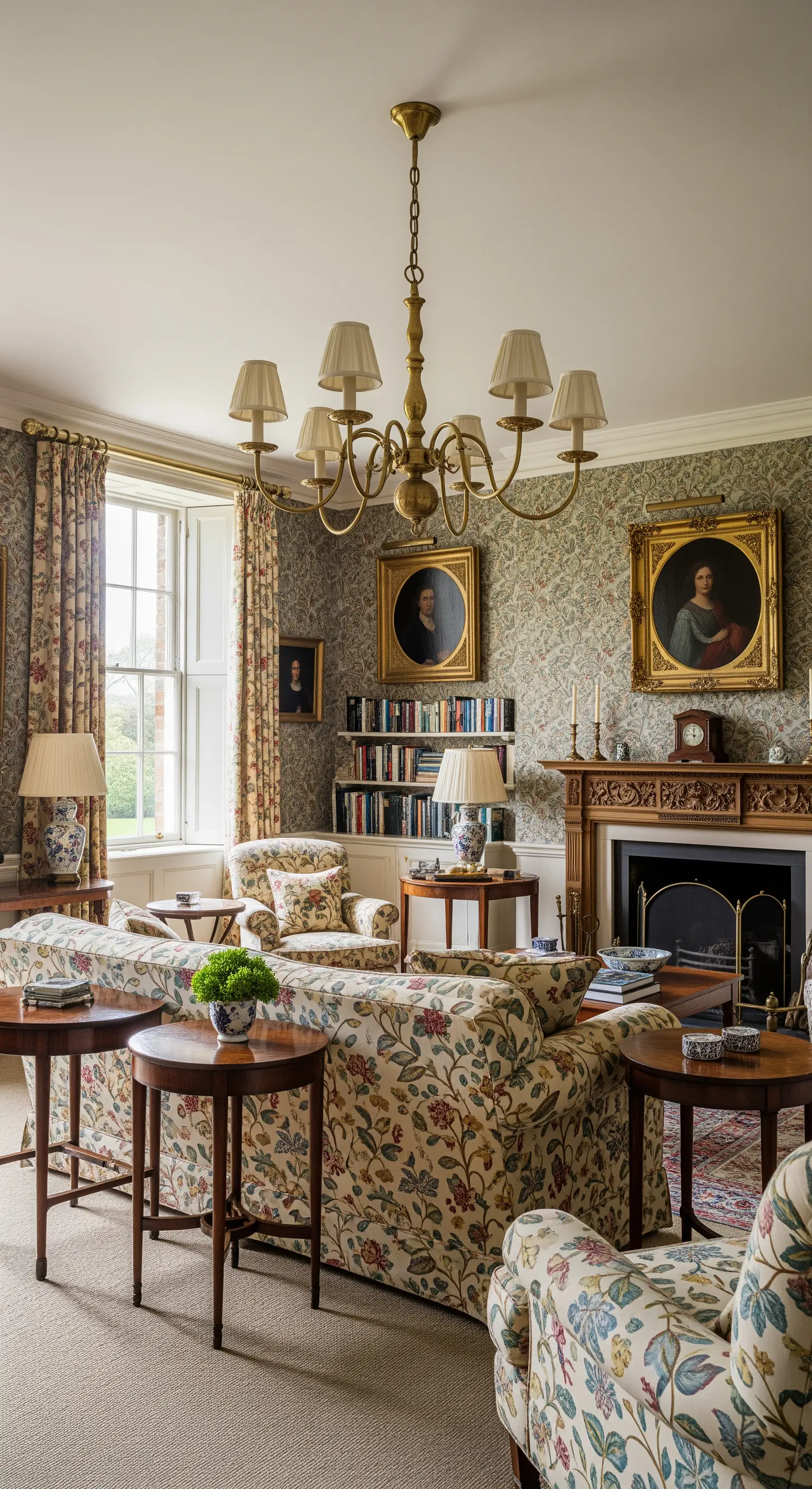 Klassischer Messing-Kronleuchter mit Stoffschirmen in einem gemütlichen englischen Wohnzimmer.