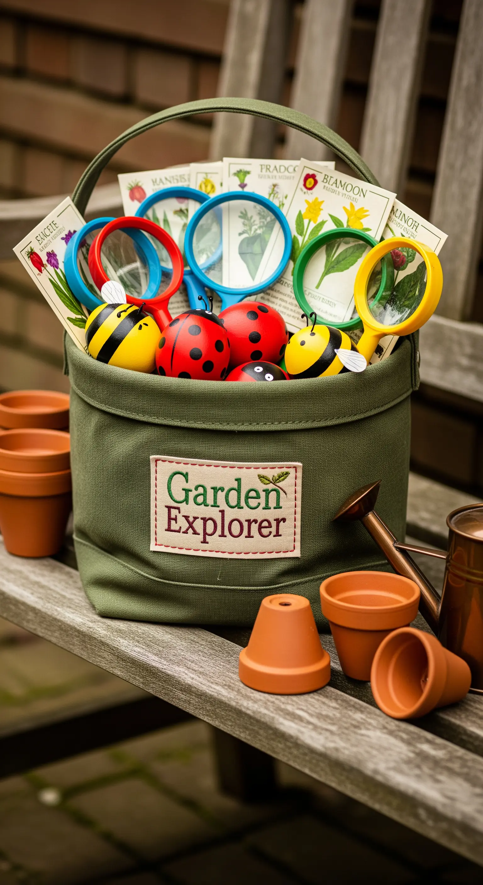 Grüner Canvas-Eimer „Garden Explorer“ mit Lupen, Käfern, Bienen und Terracotta-Töpfen