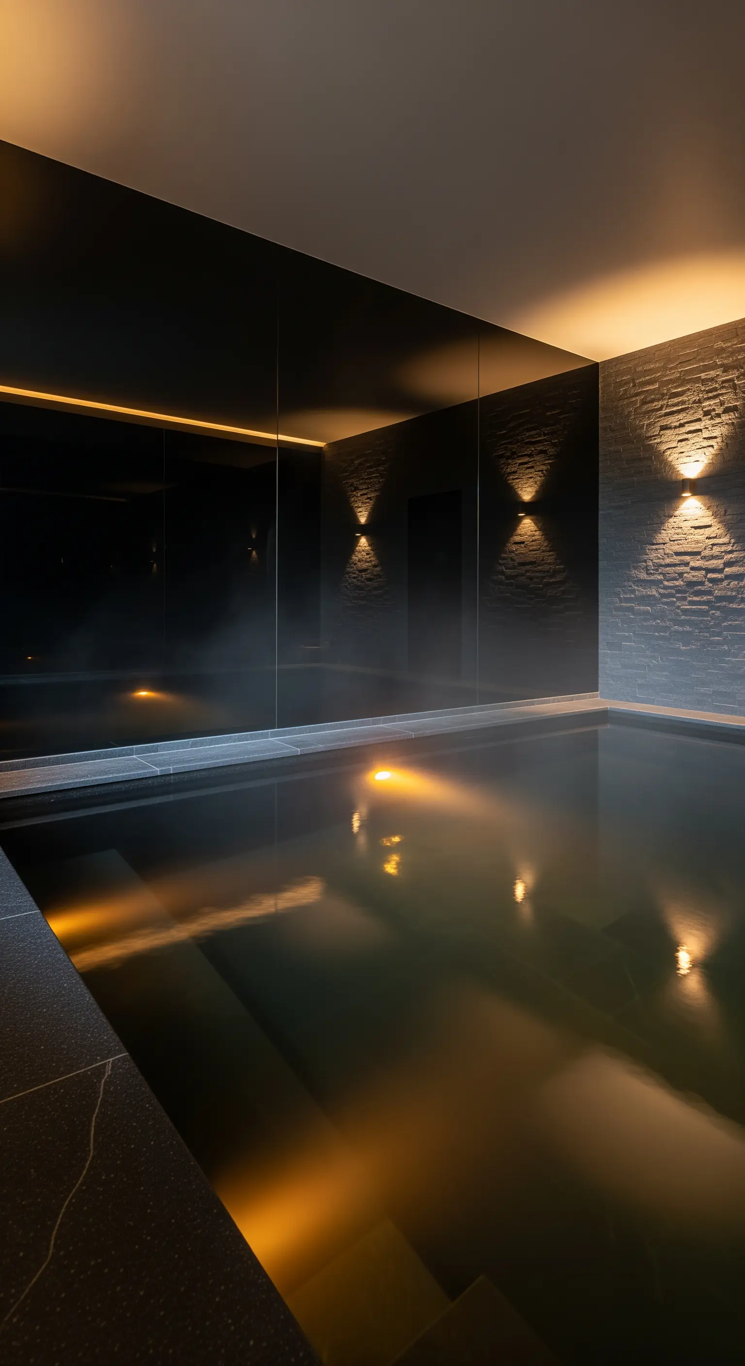 Indoor-Pool mit Spiegelwand, beleuchteter Ziegelwand und warmem Wasser