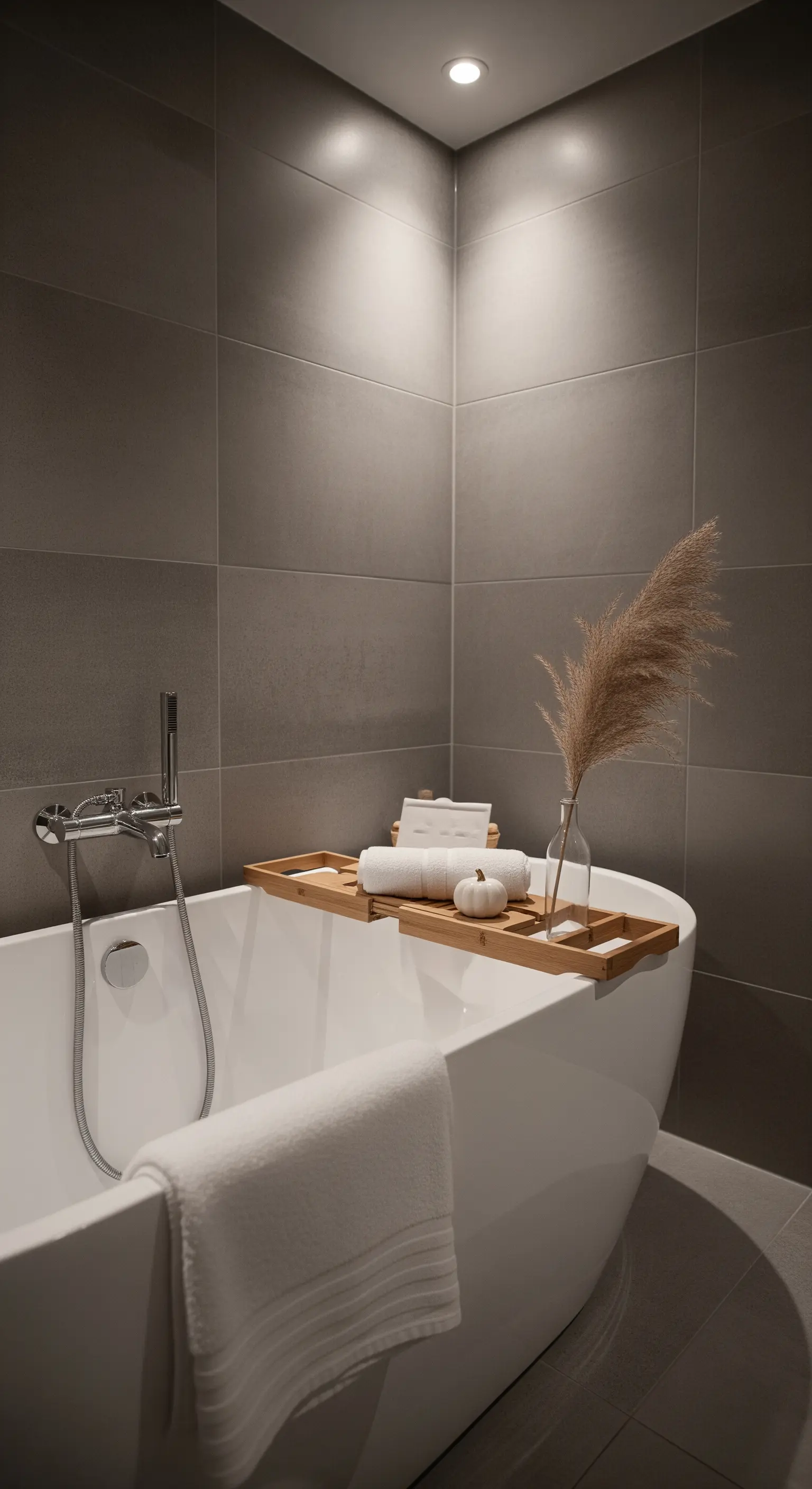 Badewanne mit Badewannenbrett, weißem Kürbis und Pampasgras