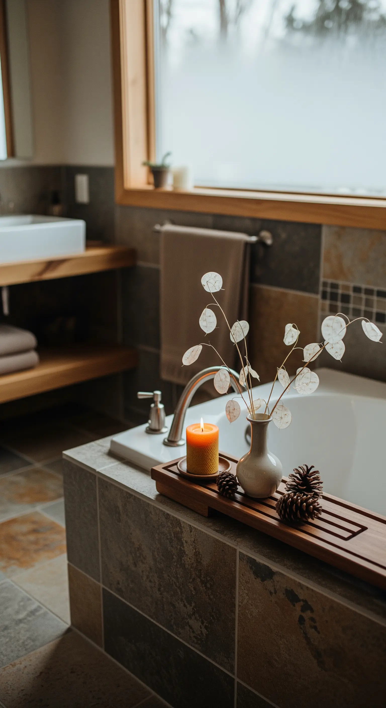 Badezimmerablage mit Vase von Lunaria, Kerze und Tannenzapfen am Badewannenrand