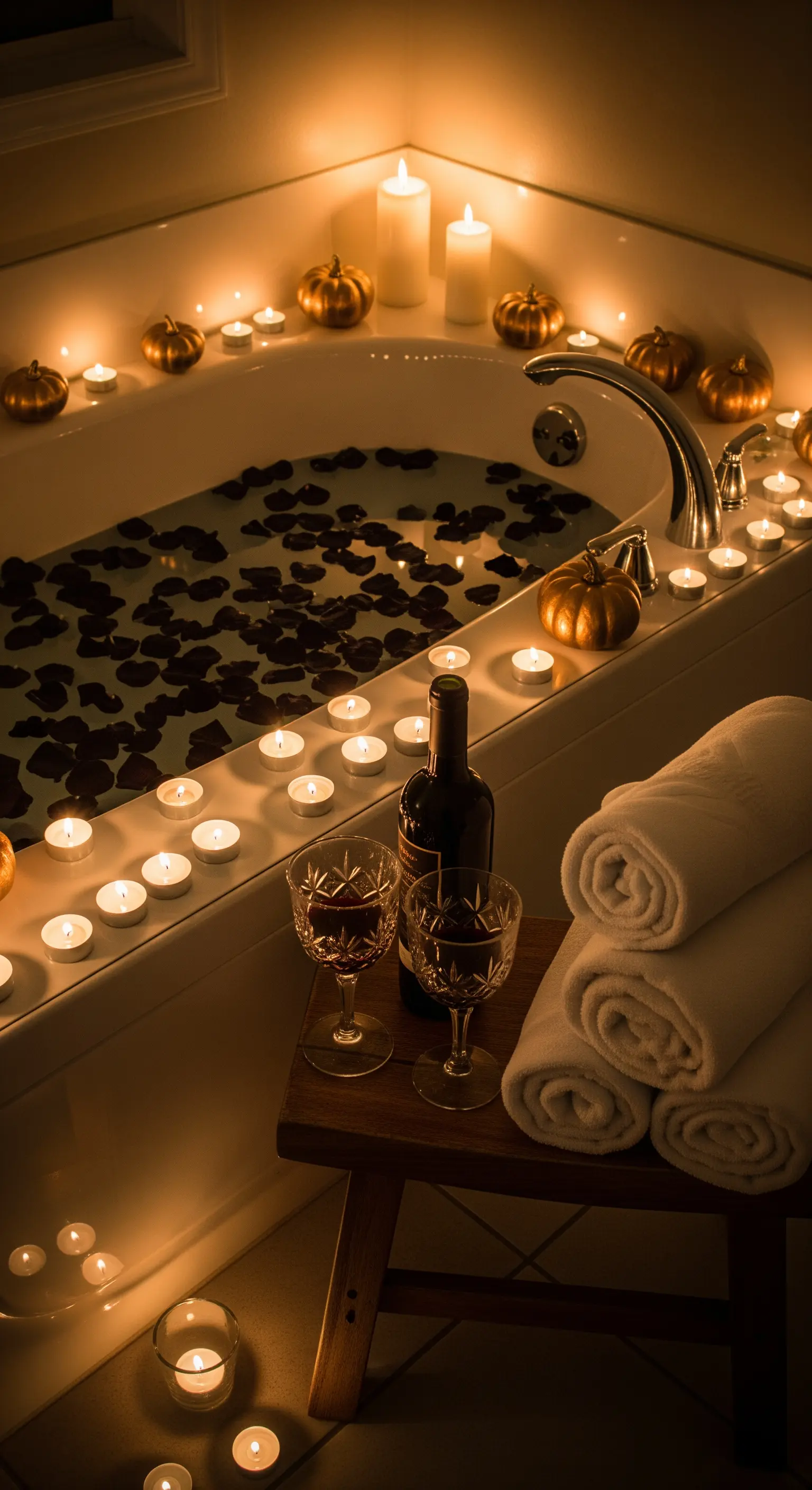 Badezimmer mit vielen Kerzen, dunklen Rosenblättern in der Wanne, Wein und goldenen Kürbissen.