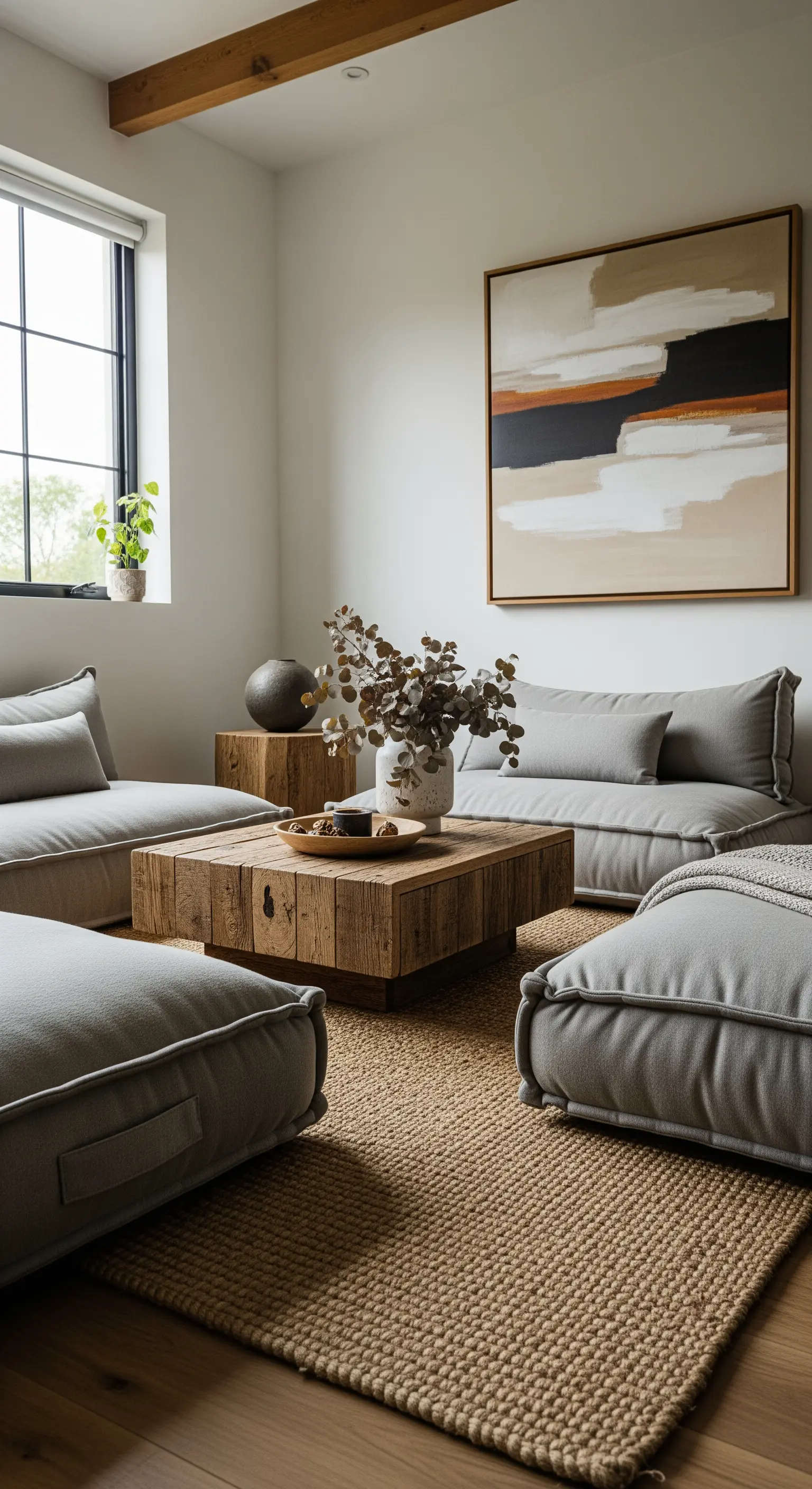 Wohnzimmer mit niedrigen, grauen Bodensofas um einen massiven Holztisch.