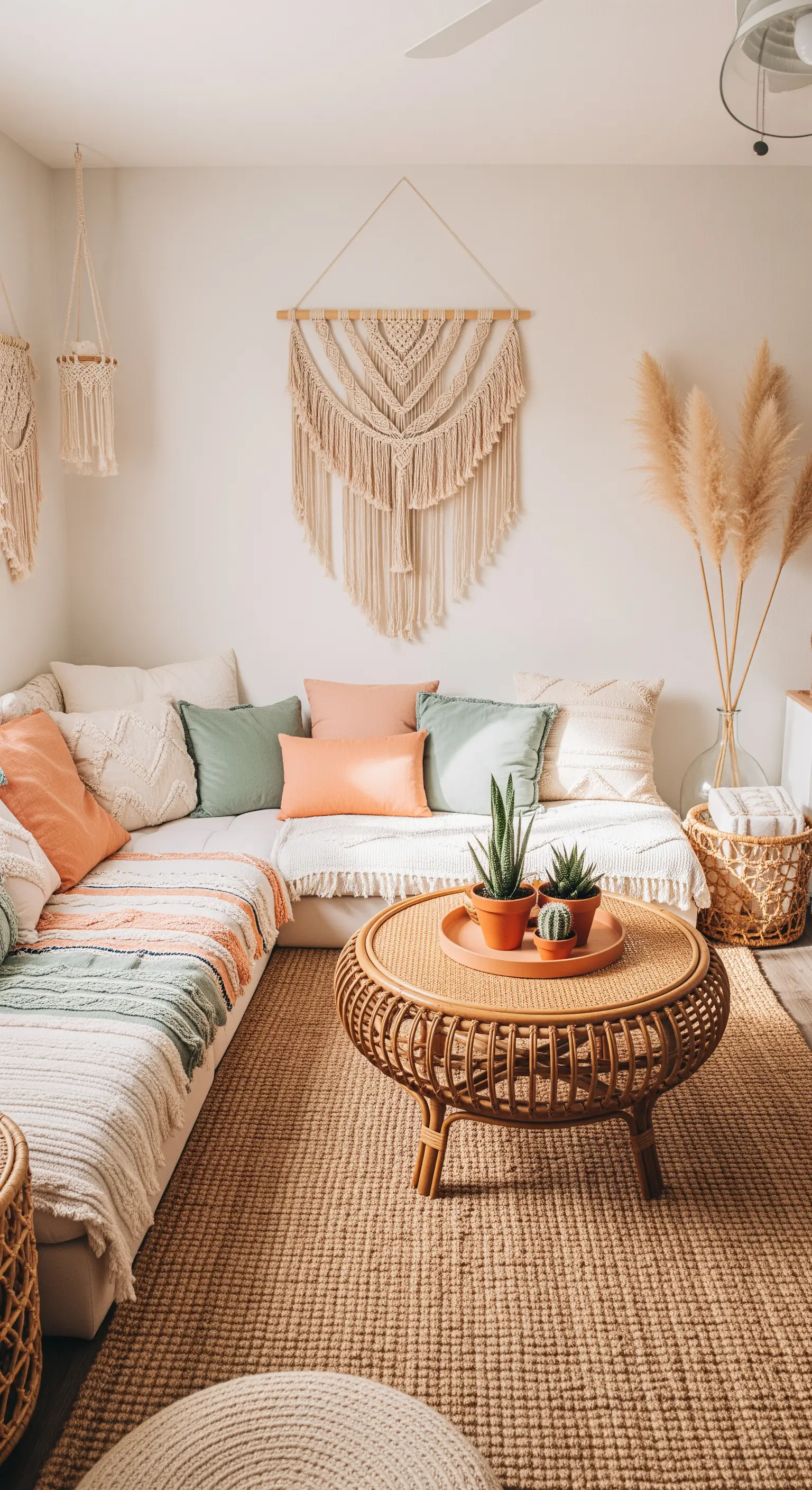 Boho-Wohnzimmer mit Makramee-Wandbehang und Kissen in Salbei und Koralle.