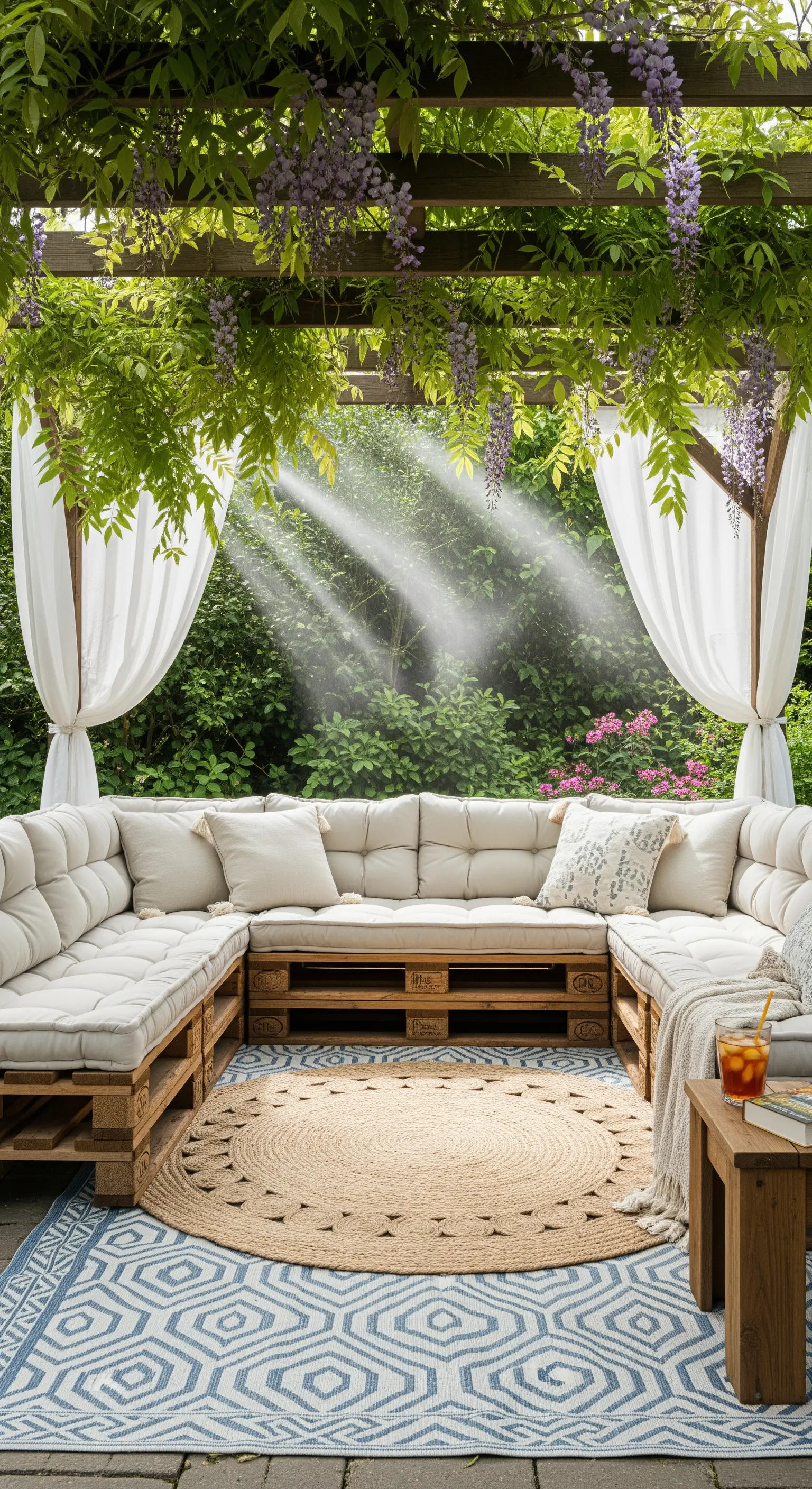 Naturbelassene Palettenlounge mit cremefarbenen Kissen, Jute- und Mustertisch unter Glyzinien-Pergola.
