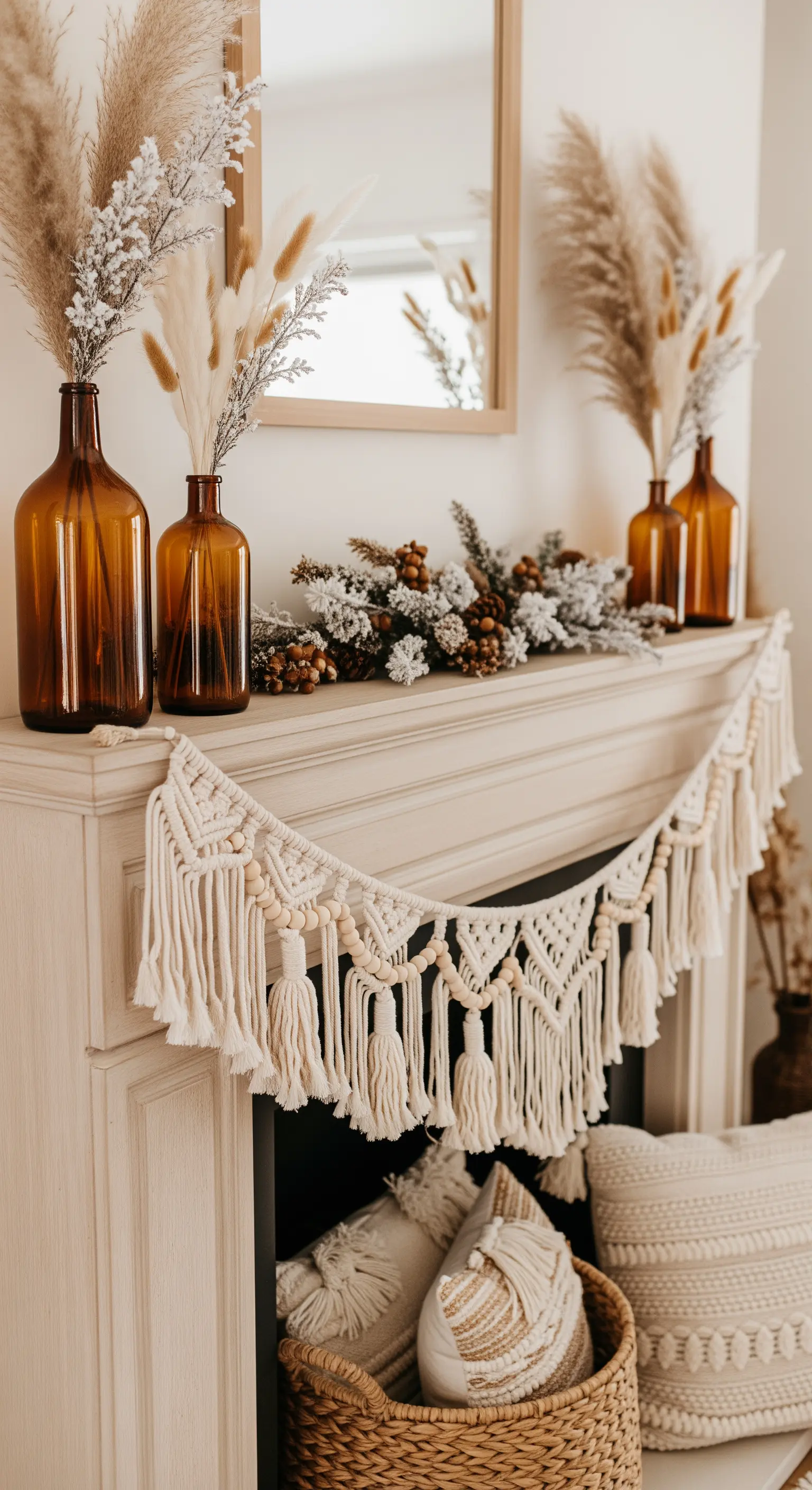Boho-Kamin-Deko mit Makramee-Girlande, Pampasgras und braunen Glasvasen.