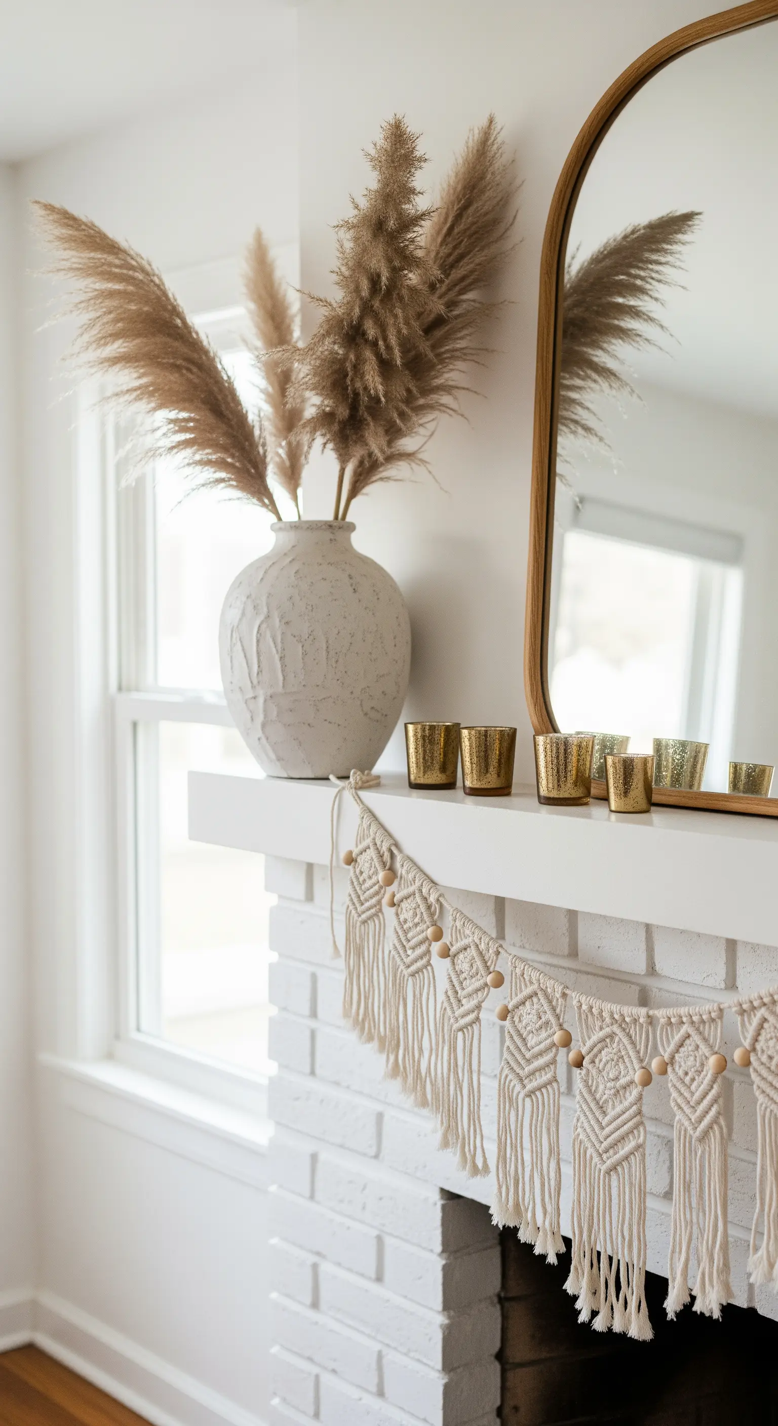 Boho-Kamin-Deko mit Pampasgras, einer Makramee-Girlande und goldenen Teelichthaltern.