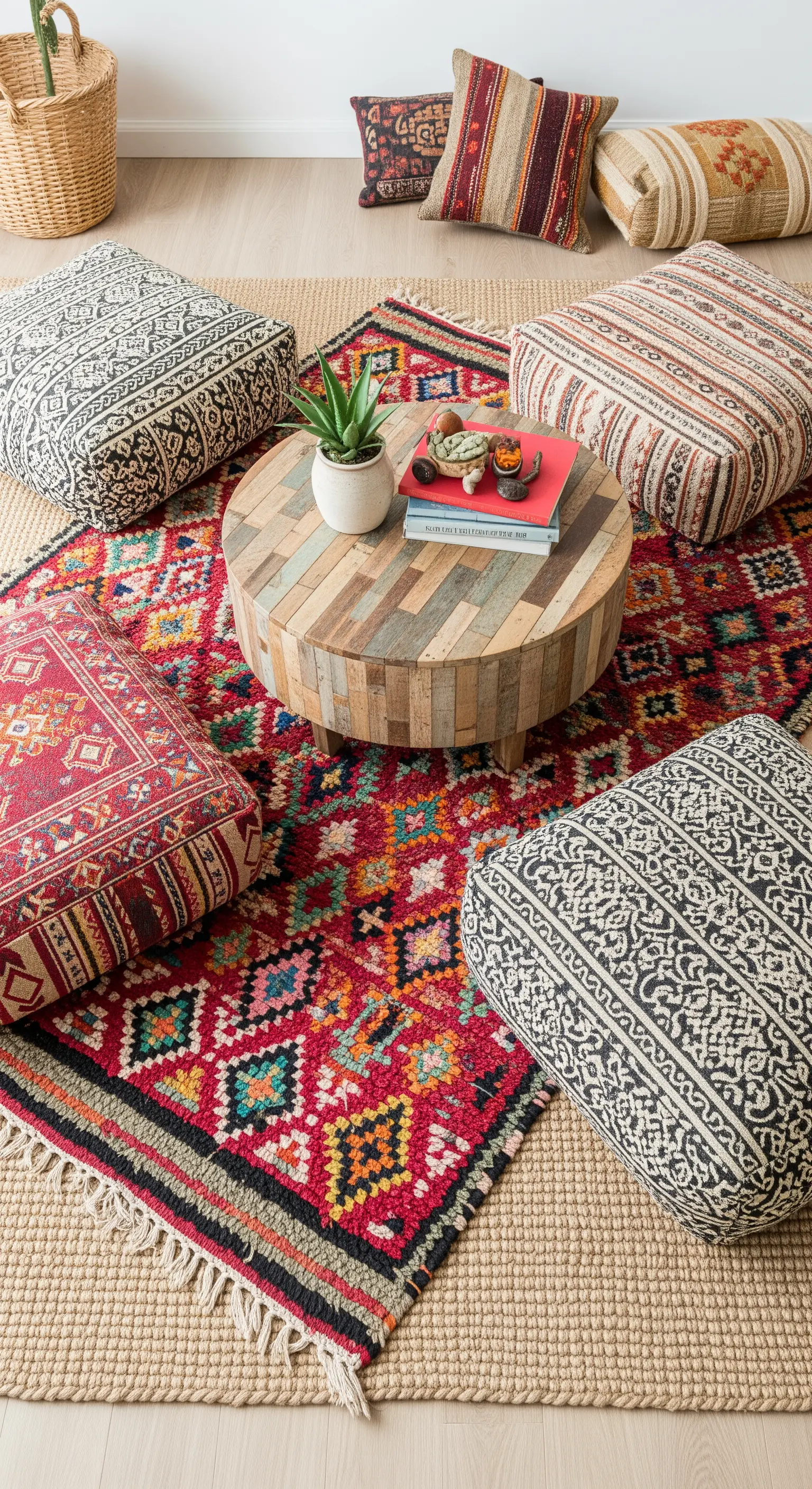 Bodenkissen mit Ethno-Mustern um einen runden Holztisch auf einem bunten Teppich.