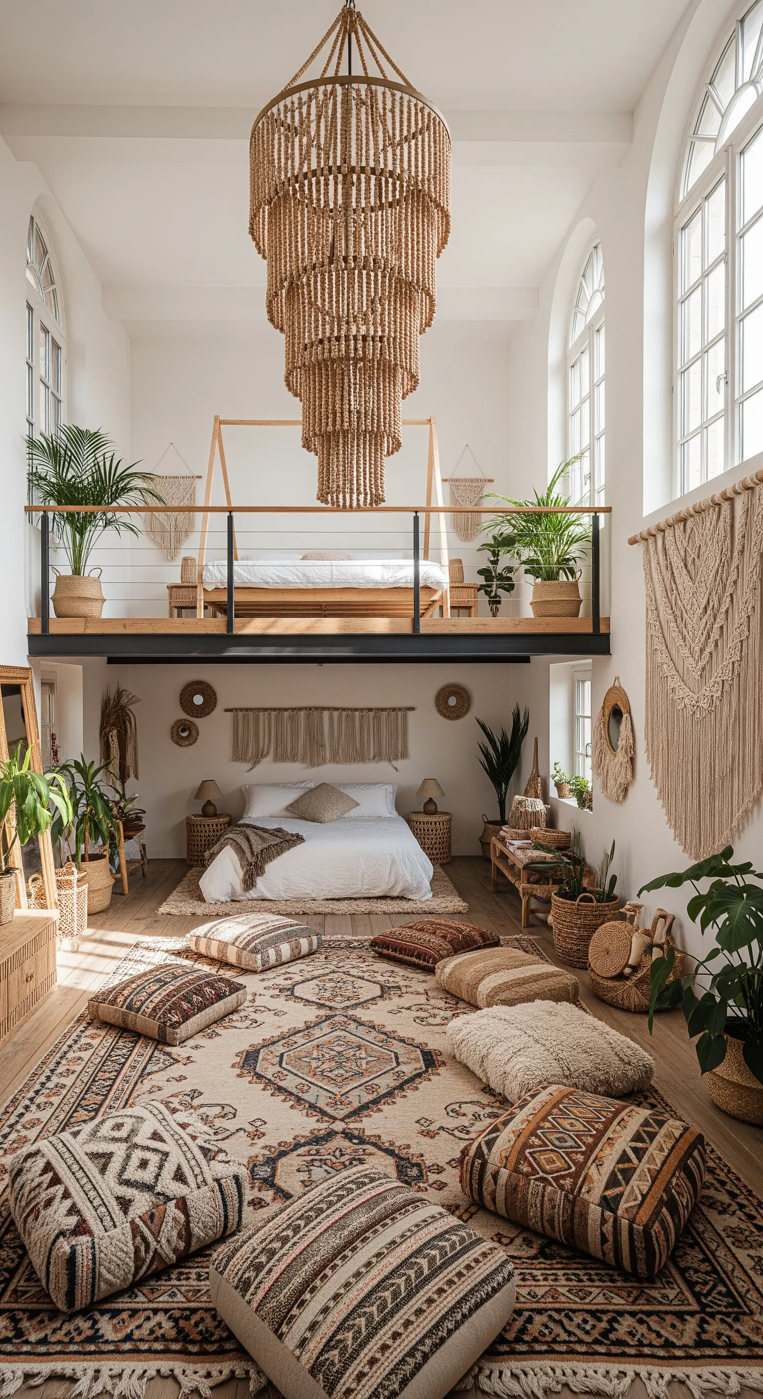 Großes Boho-Loft mit einer Lounge-Ecke aus Bodenkissen und einem riesigen Kronleuchter.