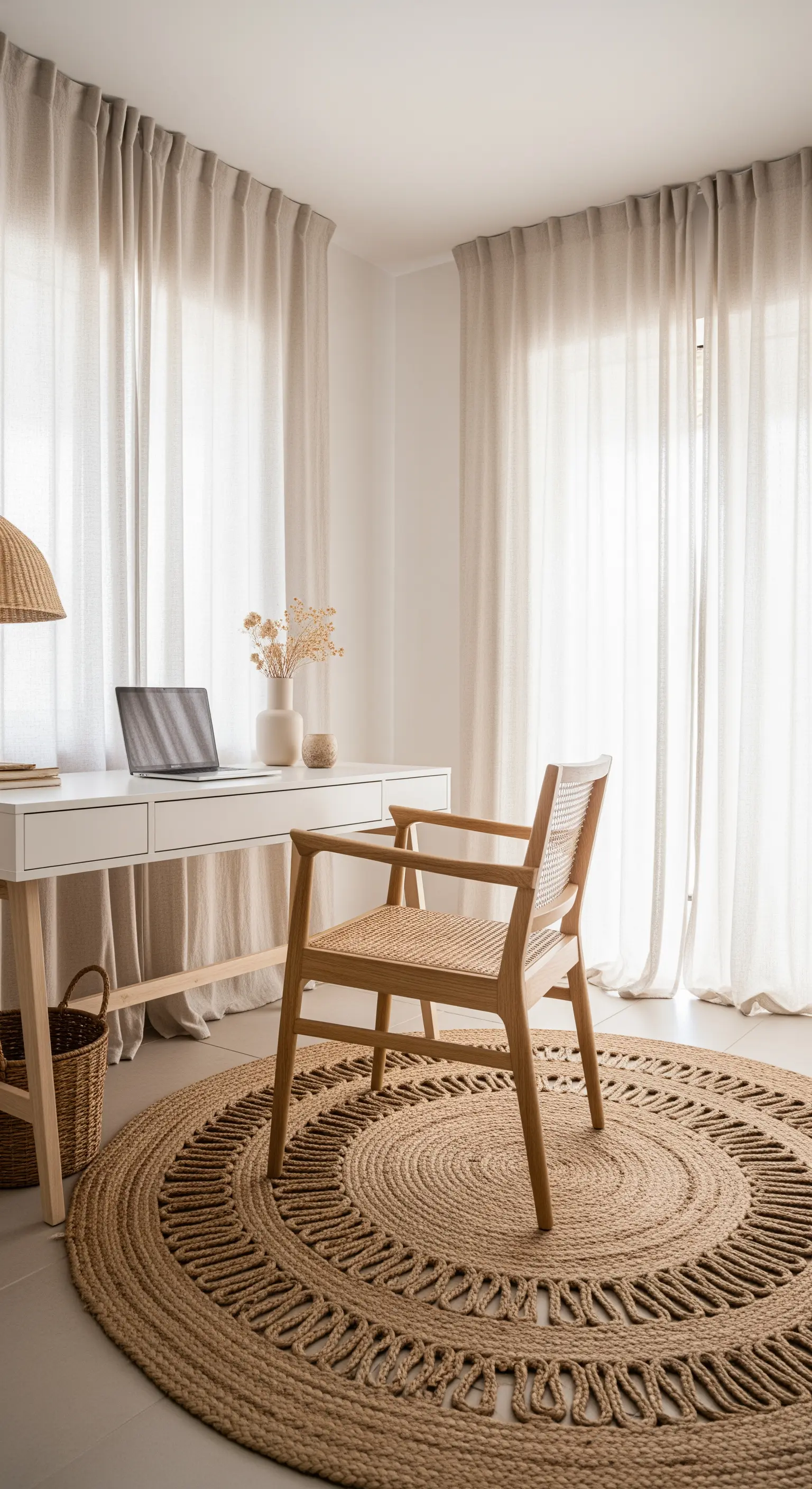 Heller Boho-Arbeitsplatz mit Rattan-Stuhl, Jute-Teppich und Trockenblumen.