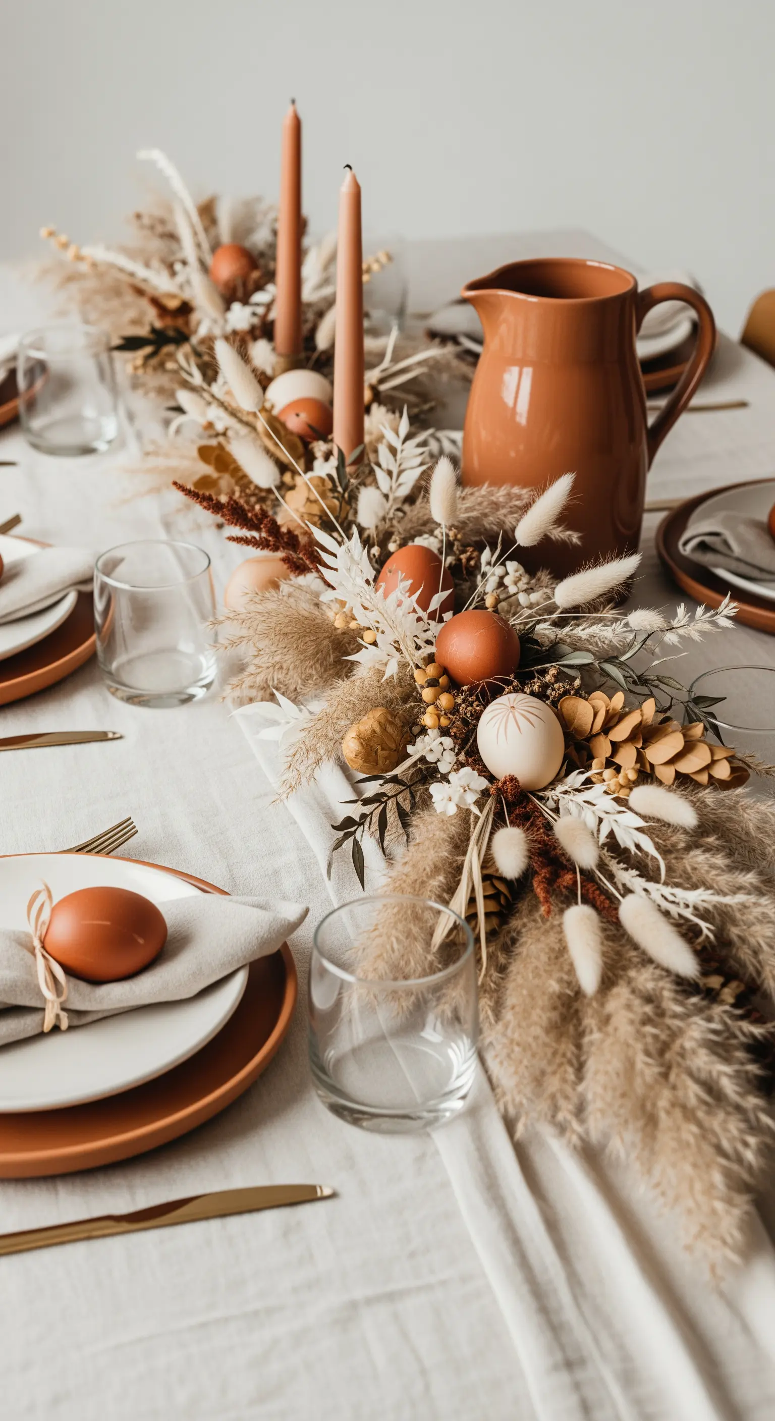 Ostertisch im Boho-Stil mit Trockenblumen, Pampasgras und Terrakotta-Tönen.