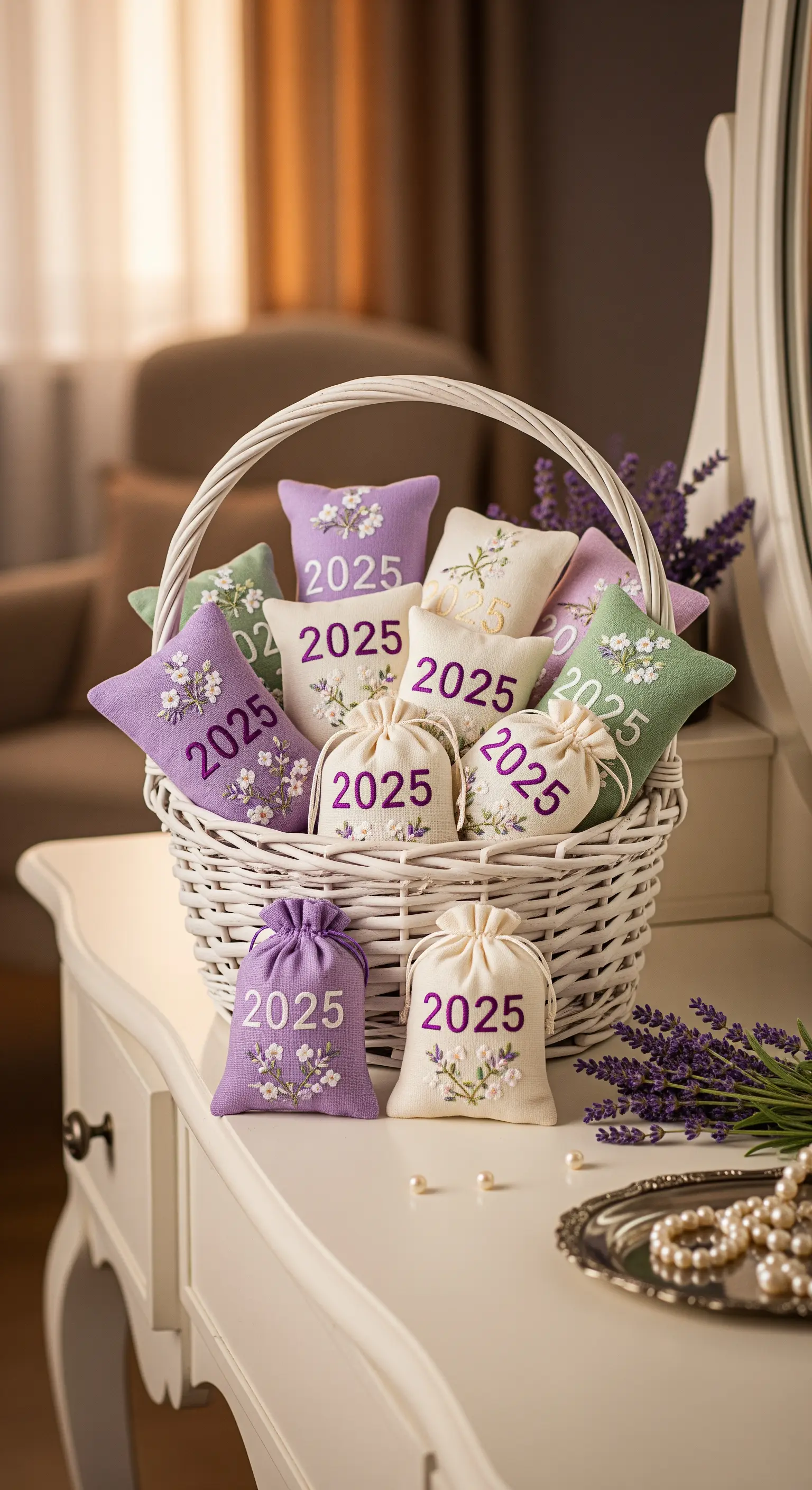 Weißer Korb gefüllt mit Lavendelsäckchen in Pastellfarben, verziert mit Stickerei und
