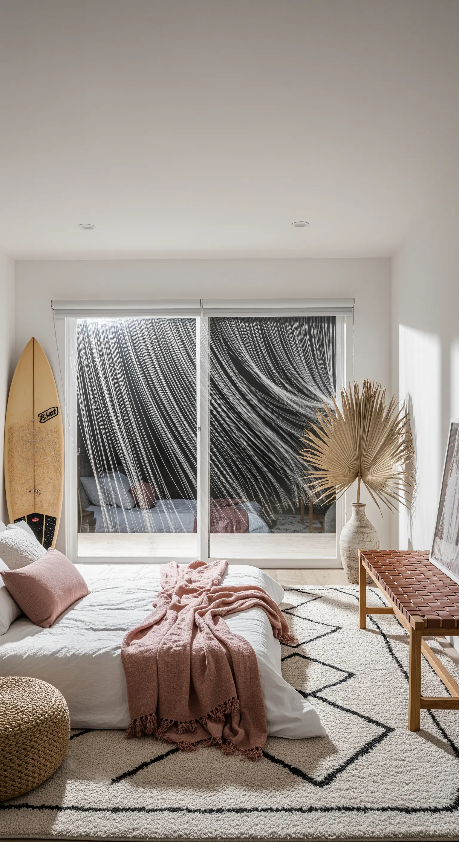 Helles Schlafzimmer im Surfer-Stil mit niedrigem Bett, Surfbrett und Palmblatt.